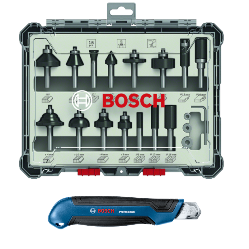 Bosch Fräser-Set DIN EN-847 mit 8 mm Schaft 15 tlg. + Bosch Cuttermesser 18 mm inkl. Klinge