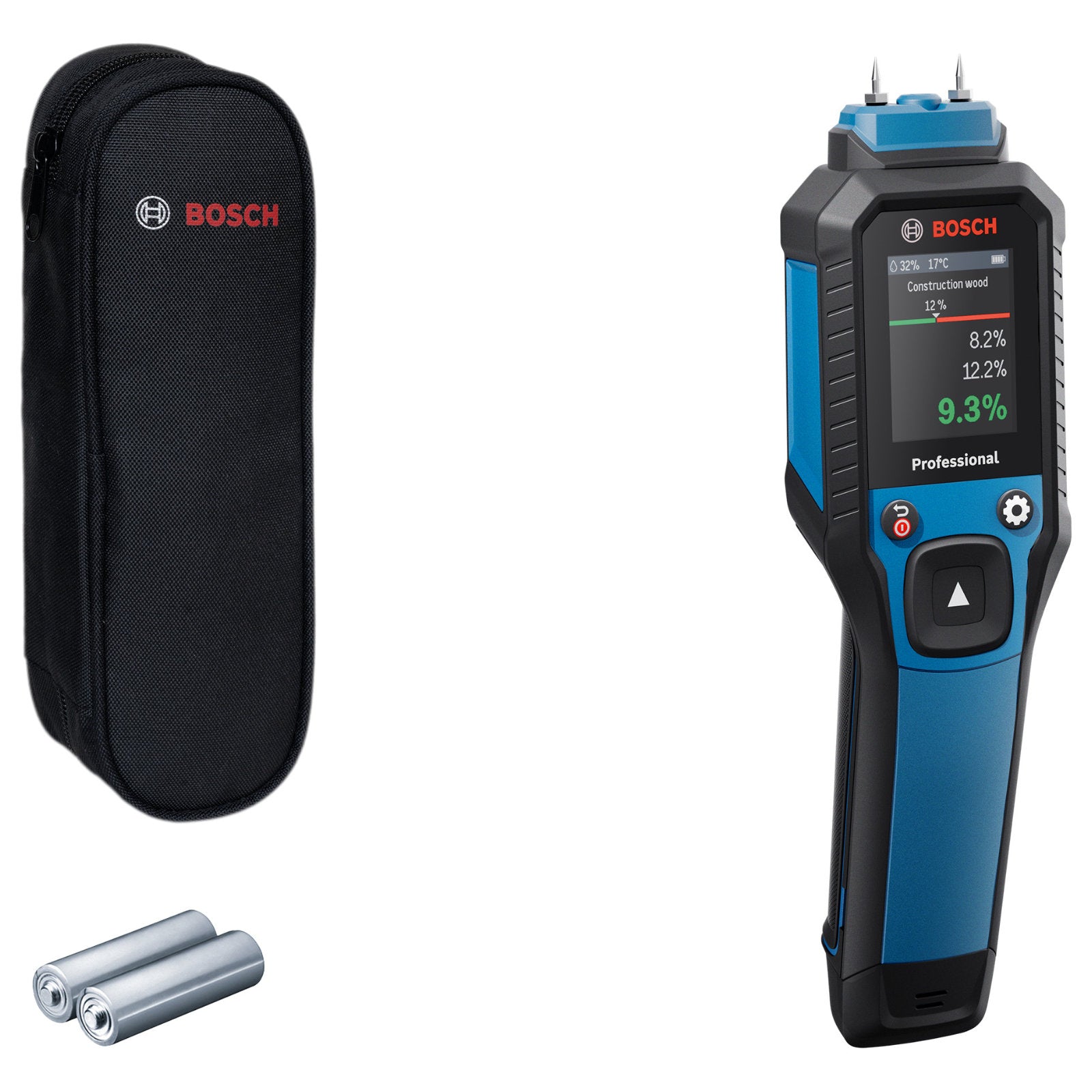 Bosch Feuchtemessgerät GMP 2-15 (misst in 37 Holzarten & 10 Baustoffarten, inkl. Batterien, Tasche)