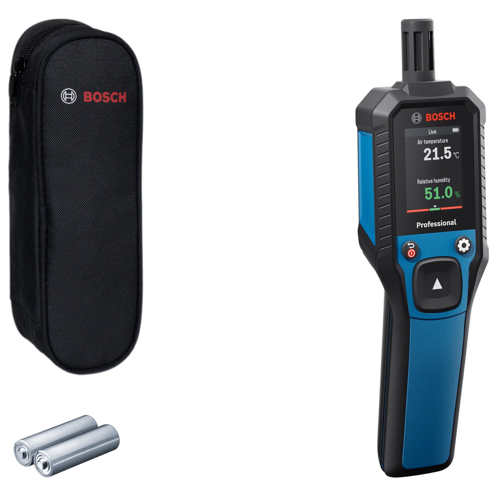 Bosch Thermo Hygrometer GDH 1-17 (misst Temperatur, Luftfeuchtigkeit, Taupunkt, inkl. Batterien, Tasche)
