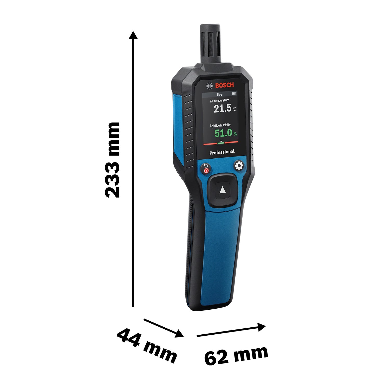 Bosch Thermo Hygrometer GDH 1-17 (misst Temperatur, Luftfeuchtigkeit, Taupunkt, inkl. Batterien, Tasche)