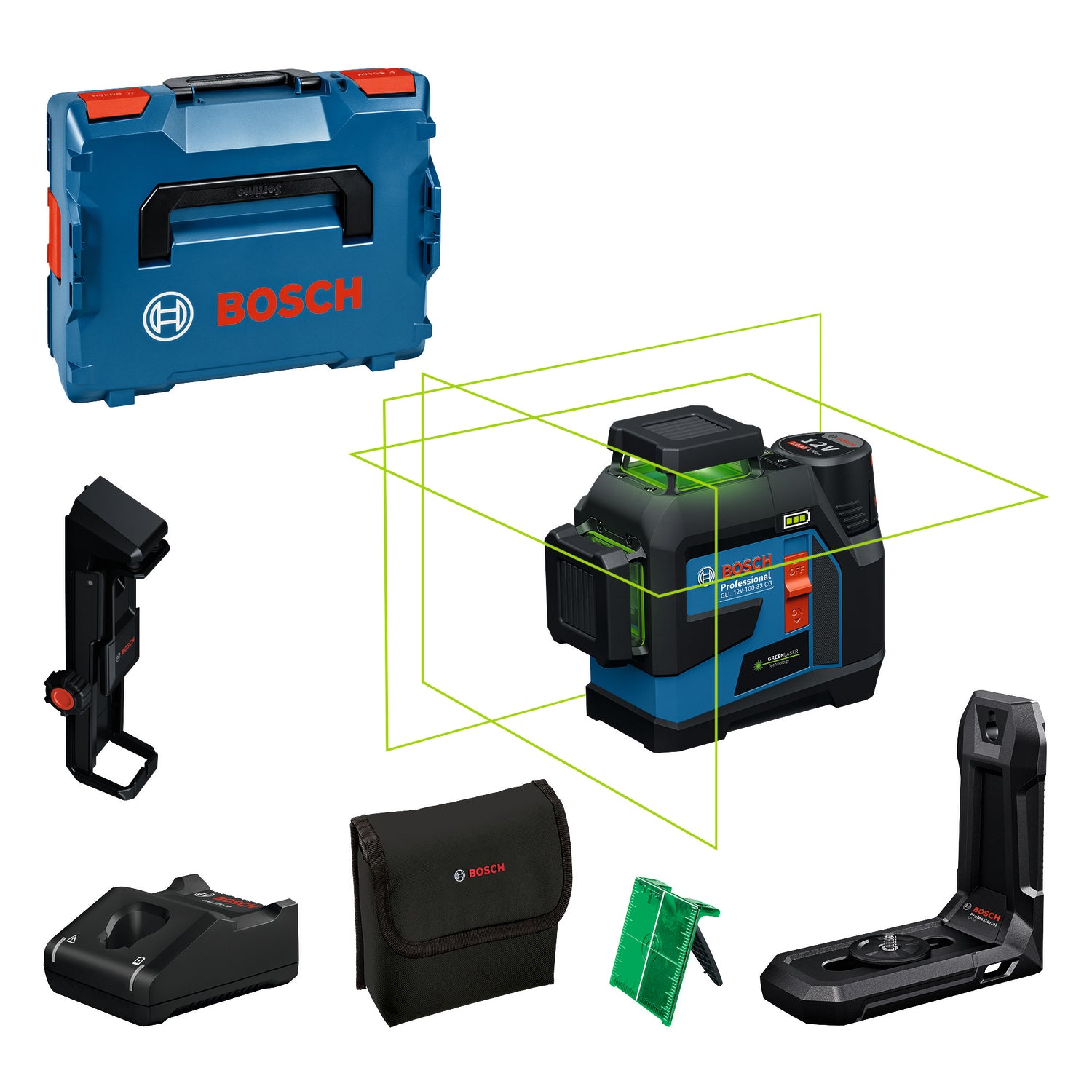 Bosch Linienlaser GLL 12V-100-33 CG (inkl. Akku 2.0 Ah, Deckenklemme DK 20, Universalhalter LB 10 in L-BOXX 136)