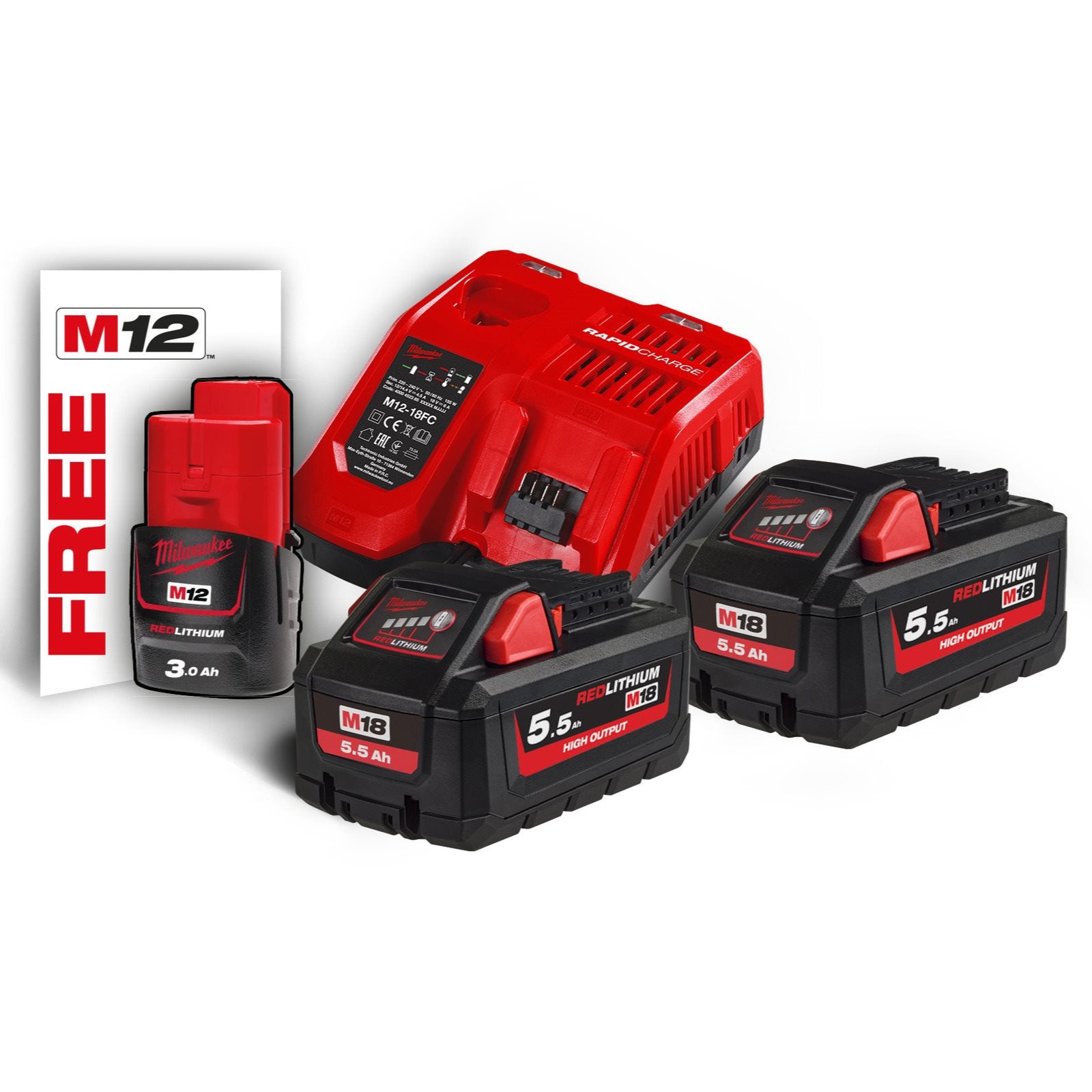 Milwaukee M18 HNRG-552 Akku-Starterset High Output (2 x M18 HB5.5 Akku, 1 x M12 B3 Akku, 1 x M12-18 FC Ladegerät)