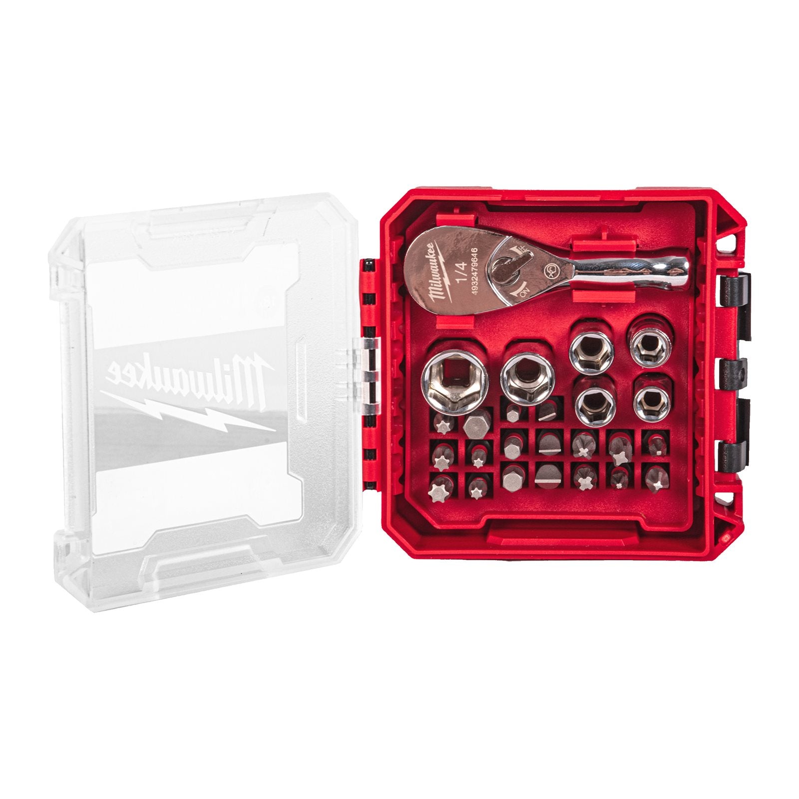 Milwaukee 1/4" Kompakt-Ratschen-Set 25-tlg. (inkl. Shockwave Bits PH / PZ / TX / SL / HEX, Bit-Adapter, Steckschlüsseleinsätze, Packout Kassette)