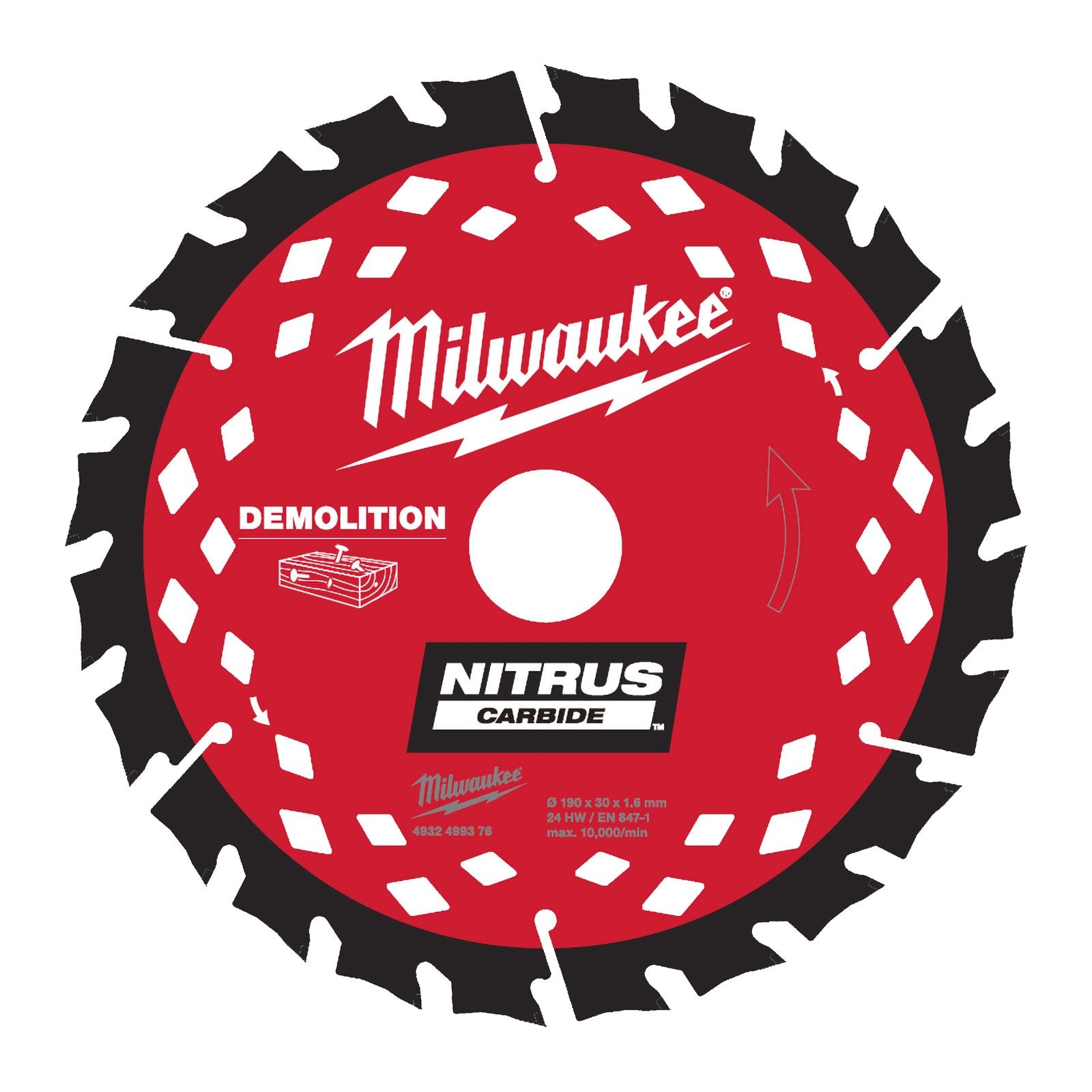 Milwaukee NITRUS CARBIDE Ø 190 x 30 mm Kreissägeblatt (24 HM Zähne ATB, für Holz mit Nägeln)