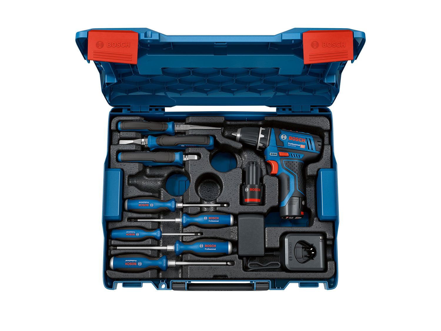 Bosch Akku-Bohrschrauber GSR 12V-15 + Handwerkzeuge (inkl. 2x 2,0 Ah Akku, Ladegerät, L-BOXX 102)