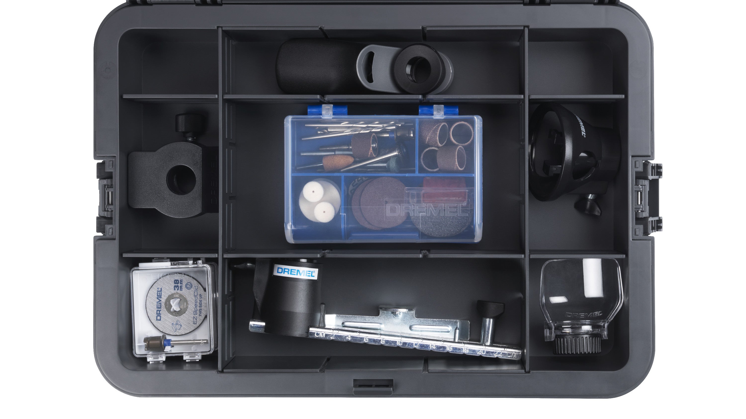 Dremel BOX (Individuell anpassbarer Organizer, 6 Trennwände, Zubehörhalter, Stapelbarer Koffer, DMB1J)