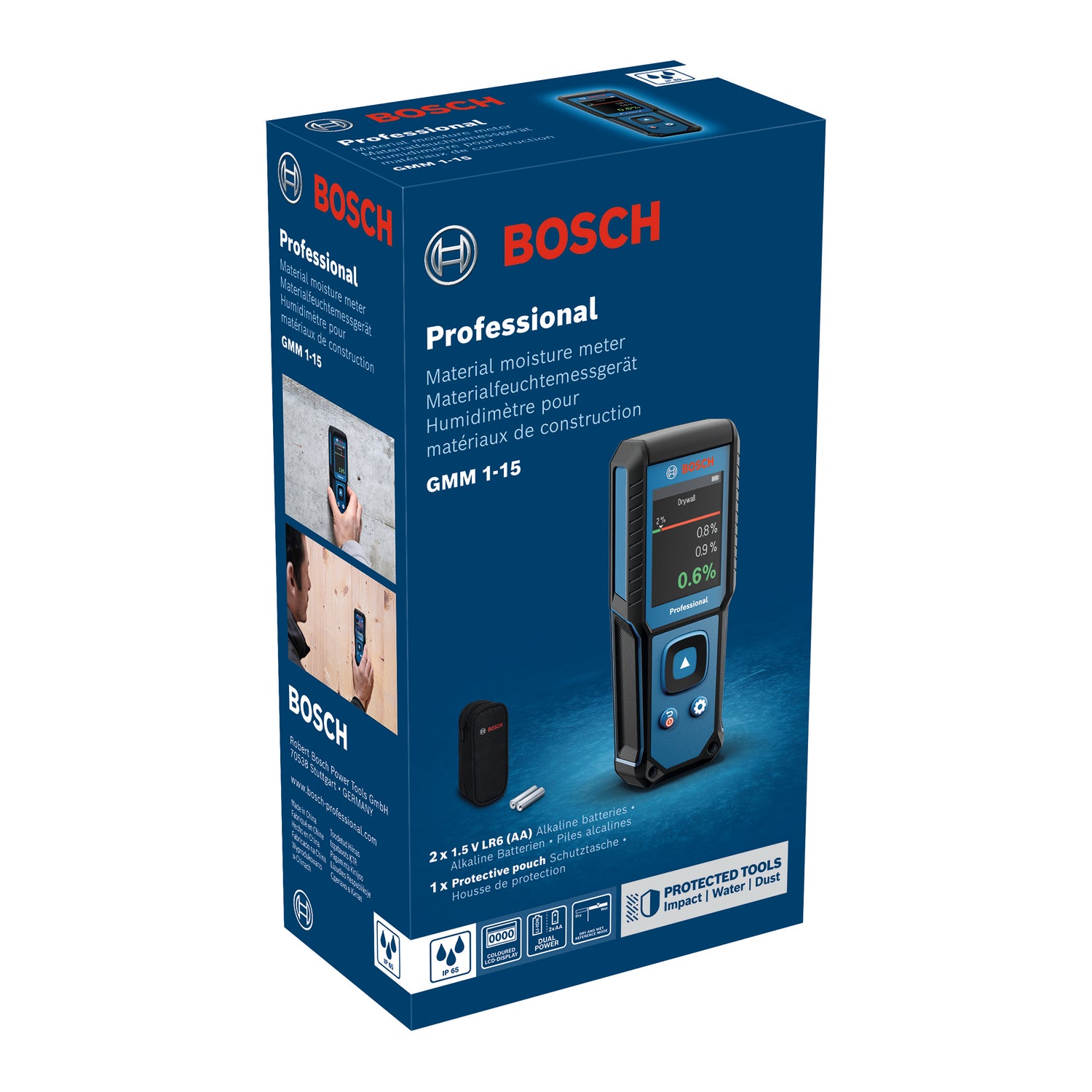Bosch Feuchtemessgerät GMM 1-15 (misst 37 Holzarten und 10 Baustoffe, nicht-invasiv, IP 65, inkl. Batterien & Tasche)