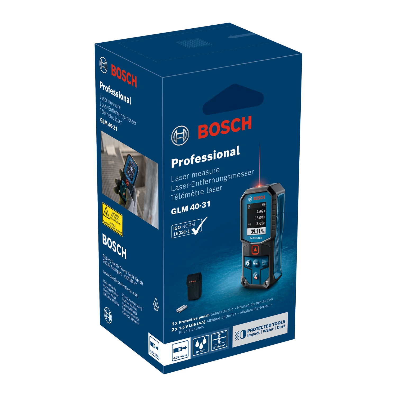 Bosch Laser-Entfernungsmesser GLM 40-31 (Messbereich: 0,05 - 40 m, IP 65, 7 Messmodi, automatische Berechnungen, inkl. Batterien)