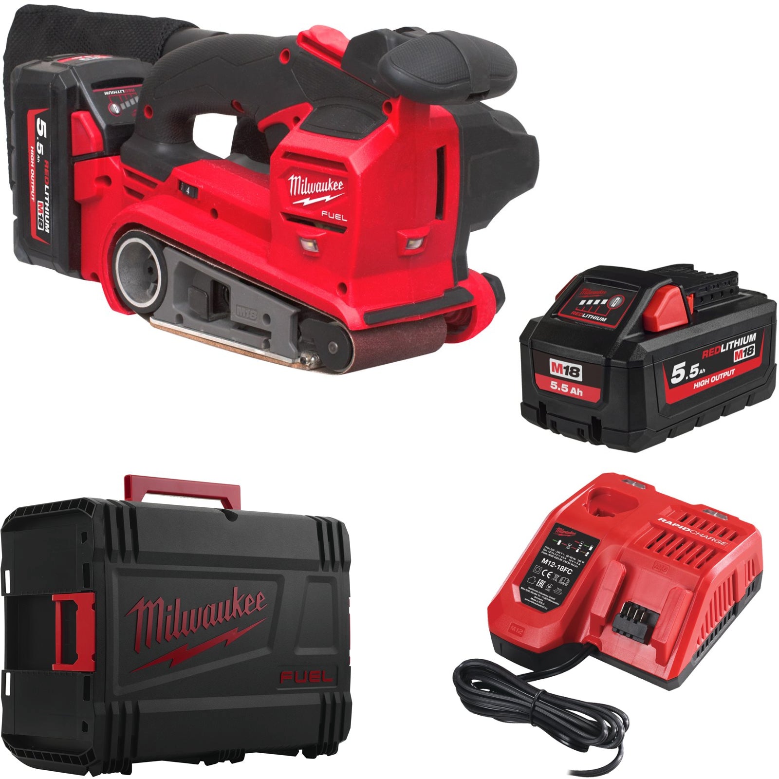 Milwaukee M18 FBTS75-552X Akku-Bandschleifer (Bandgröße: 75 x 457 mm, Geschwindigkeit: 230 - 410 m/s, inkl. 2 x 5,5 Ah Akku in HD-Box)