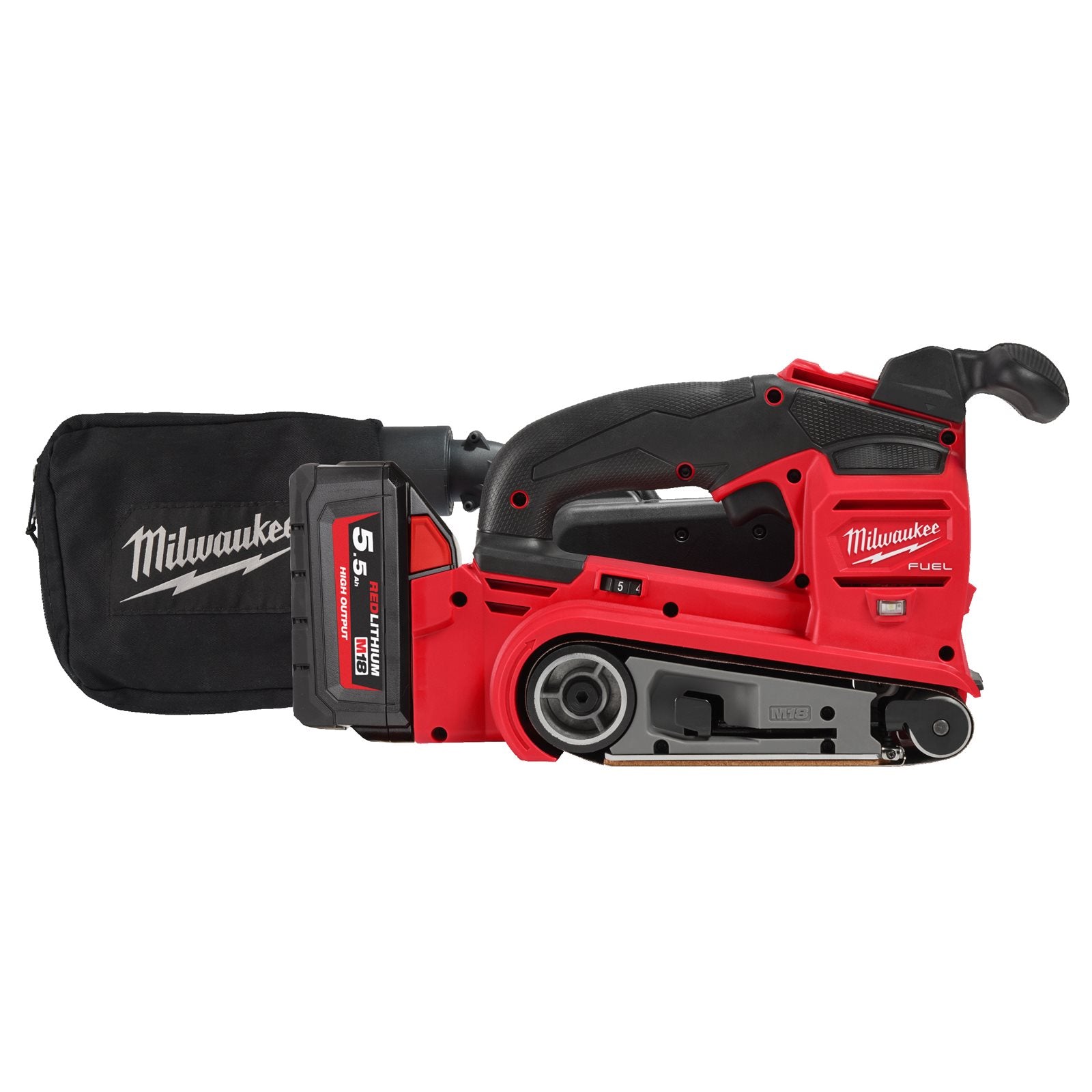 Milwaukee M18 FBTS75-552X Akku-Bandschleifer (Bandgröße: 75 x 457 mm, Geschwindigkeit: 230 - 410 m/s, inkl. 2 x 5,5 Ah Akku in HD-Box)