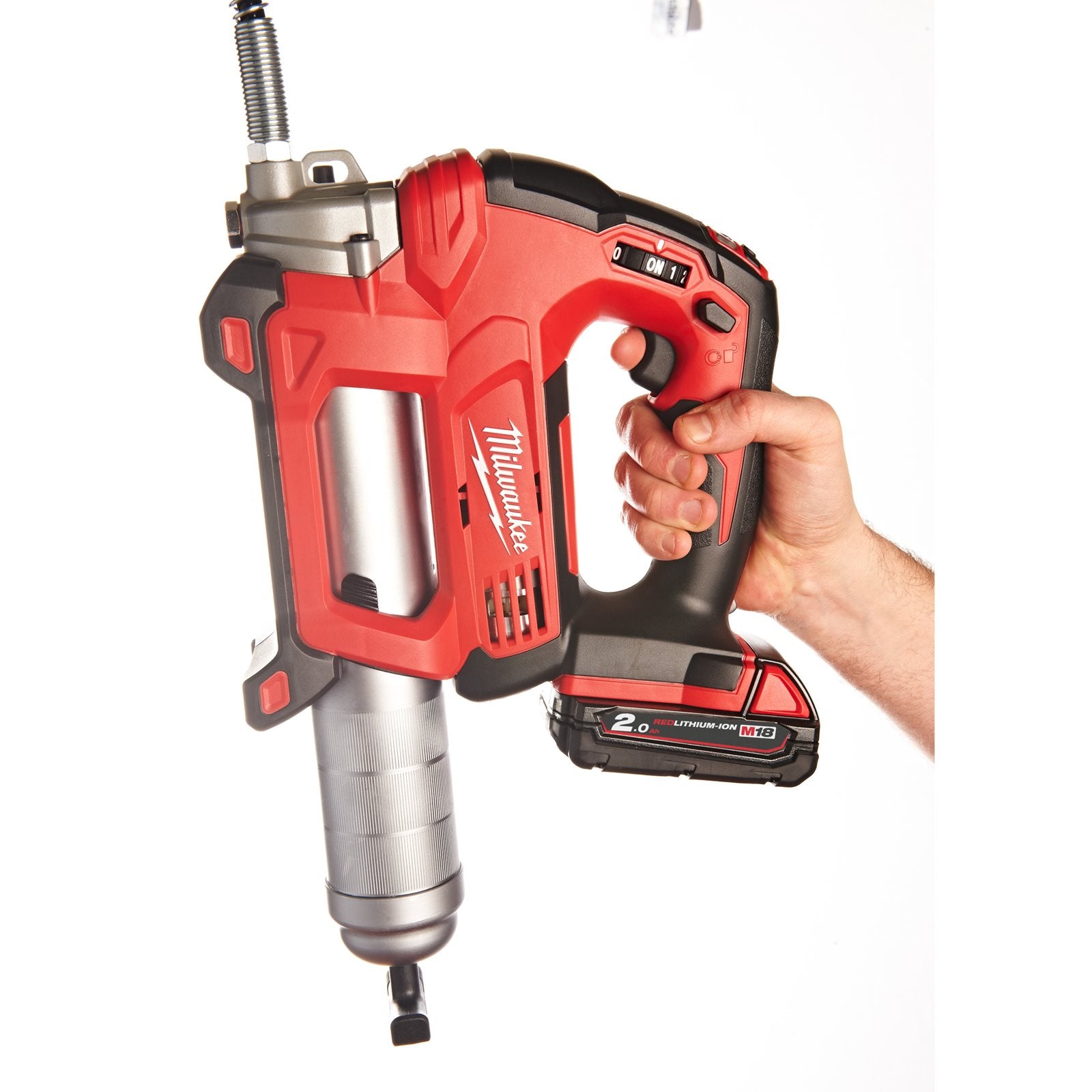 Milwaukee M18 GG-0 Akku-Fettpresse (Betriebsdruck max.: 690 bar, bis 7 Kartuschen pro Akku, 3-Wege-Befüllung: Direktbefüllung, Gebinde, Kartuschen, ohne Akku)