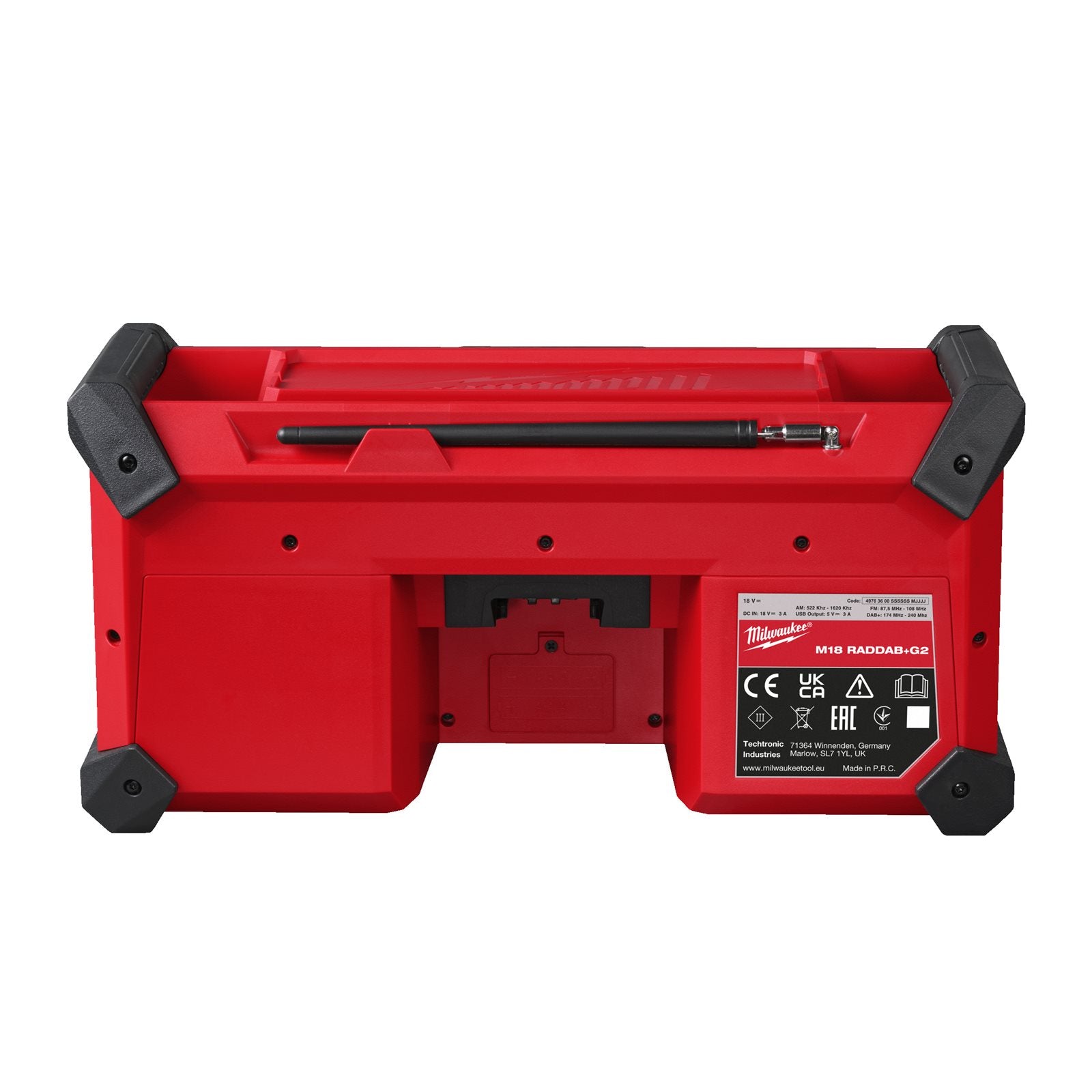 Milwaukee M18 RADDAB+G2-0 Akku-Baustellenradio (DAB+ / FM-Empfänger, Bluetooth®-Empfang bis 30 m, Akku- & Kabelbetrieb, USB-C, ohne Akku)