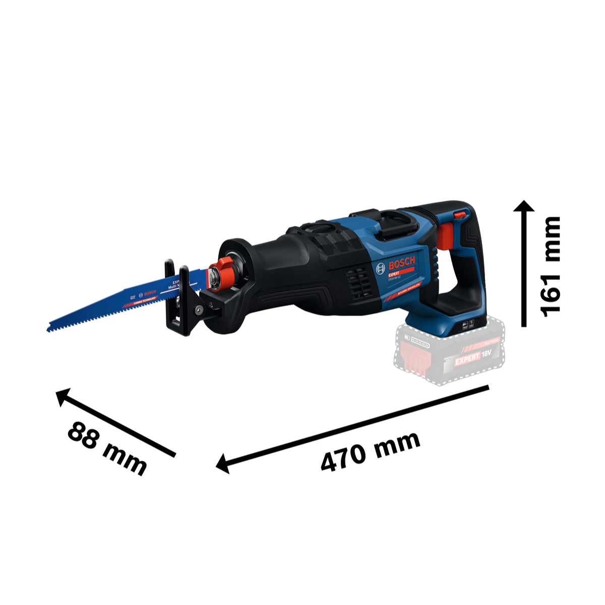 Bosch EXPERT Akku-Säbelsäge EXSA18V-32 (Schnitttiefe: Holz / Stahlrohr 250 mm, Mauerwerk 405 mm, Hublänge: 32 mm, ohne Akku in L-BOXX 238)