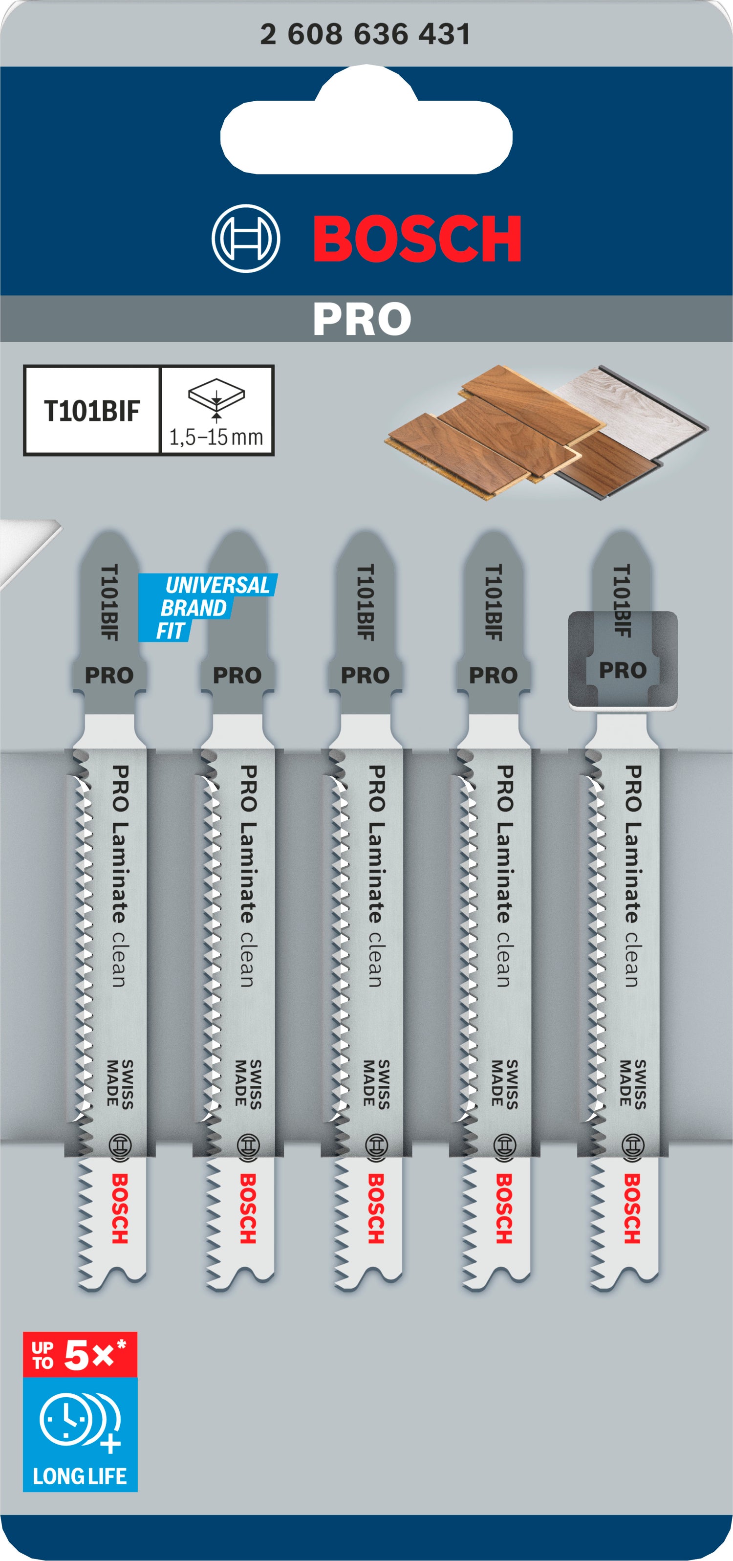 Bosch PRO Laminate clean T101BIF Stichsägeblatt (5er-Pack, Länge: 83 mm, für Laminat, Parkett, PVC)