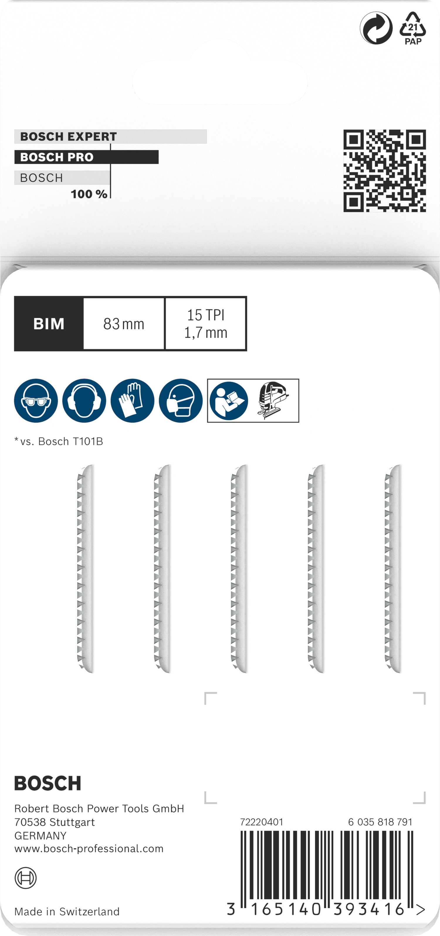 Bosch PRO Laminate clean T101BIF Stichsägeblatt (5er-Pack, Länge: 83 mm, für Laminat, Parkett, PVC)