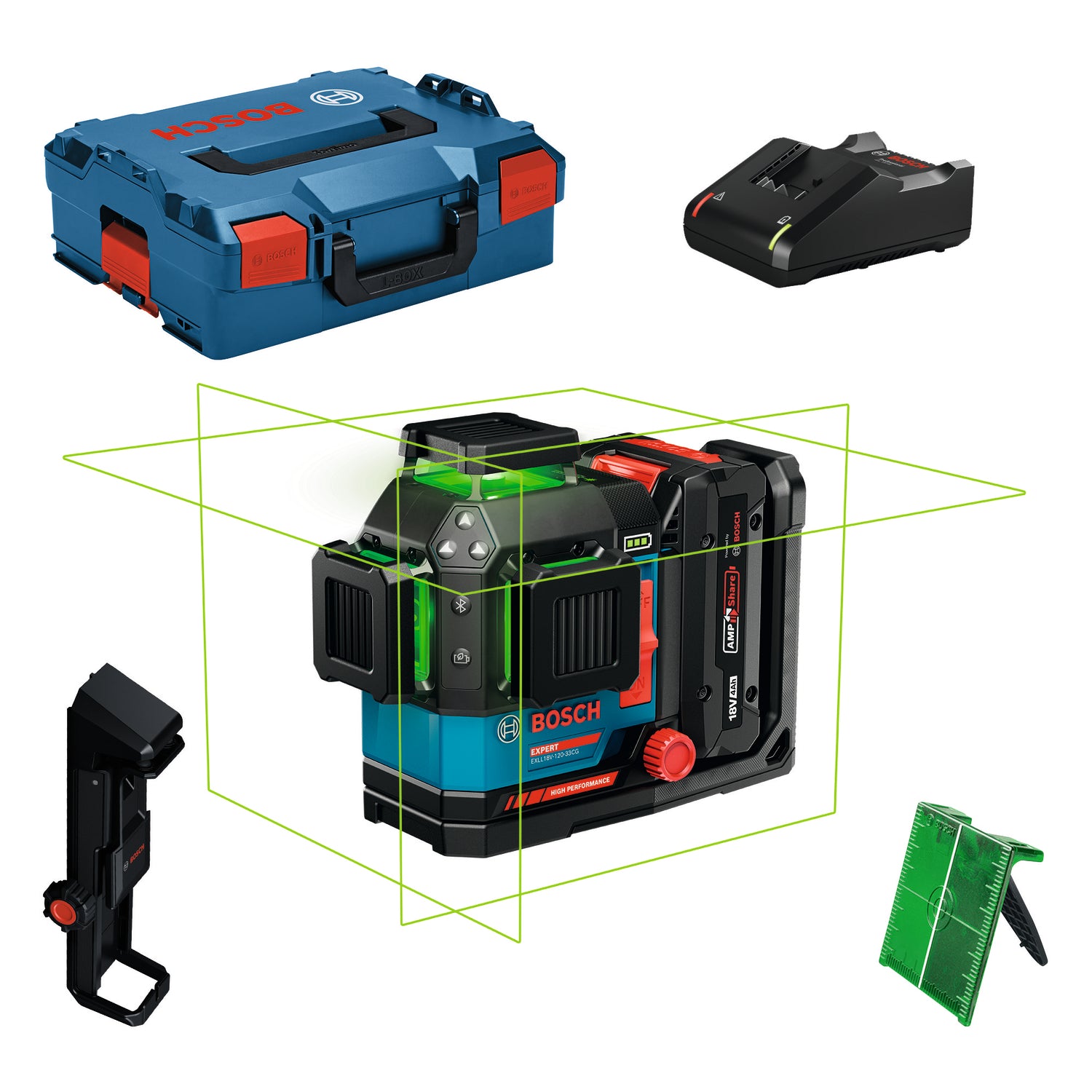 Bosch EXPERT Linienlaser EXLL18V-120-33CG (Arbeitsbereich: bis 120 m mit Empfänger, Betrieb mit 18V/12V-Akku/Batterien möglich, inkl. 4,0 Ah Akku in L-BOXX 136)