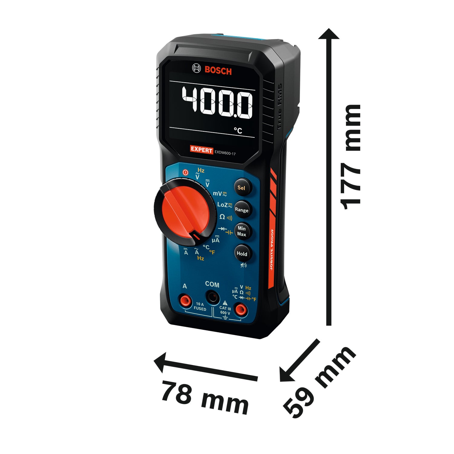 Bosch EXPERT Digitales Multimeter EXDM600-17 (Misst Temperatur und Mikroampere, Widerstände bis zu 60 MΩ, LoZ, Diodentests, inkl. Batterien in Tasche)