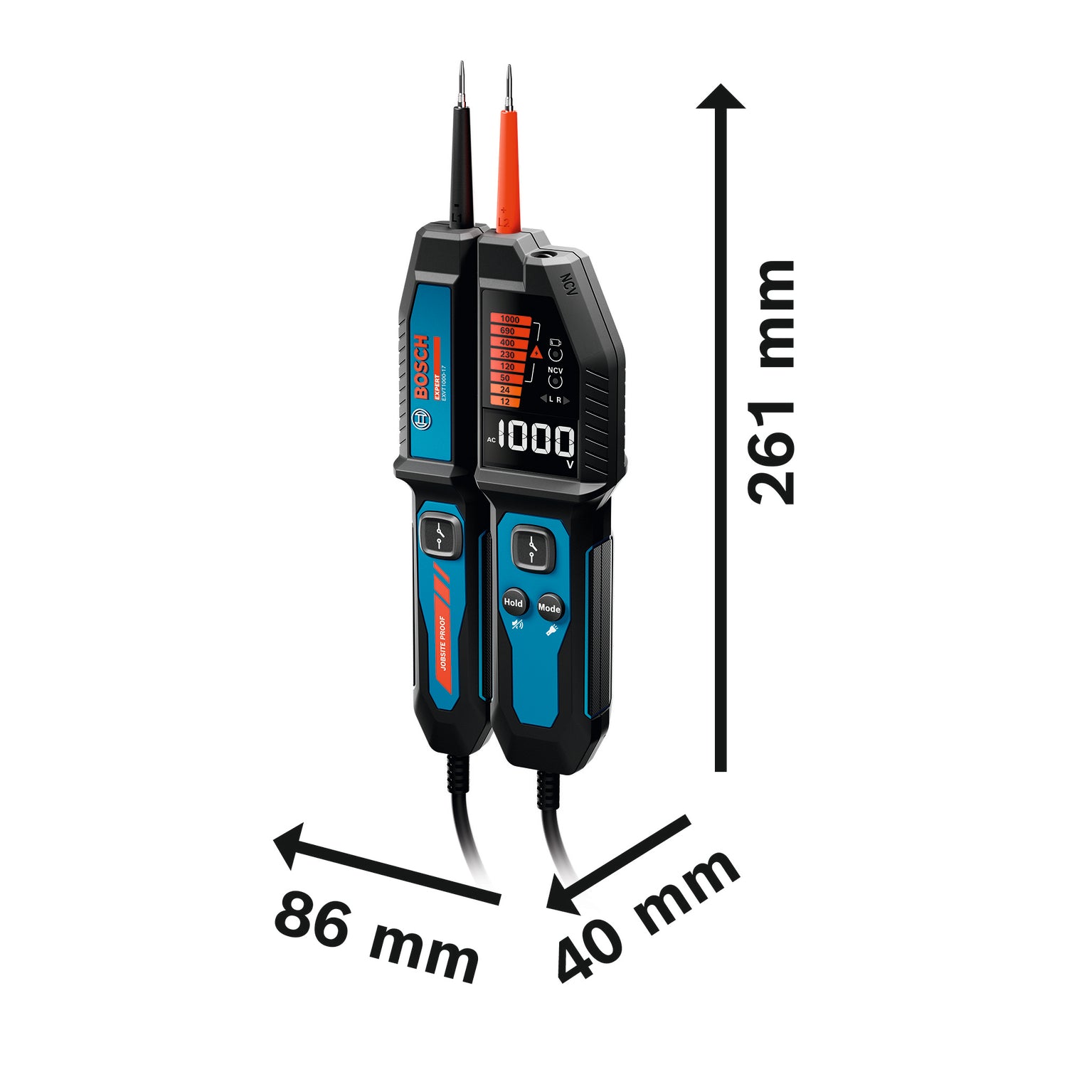 Bosch EXPERT Spannungsprüfer EXVT1000-17 (Vielseitig: Diodentest, Frequenz, Widerstand, Niederspannung, integr. NCV (berührungslose Spannung), Halten-/Stumm, inkl. Batterien in Tasche)