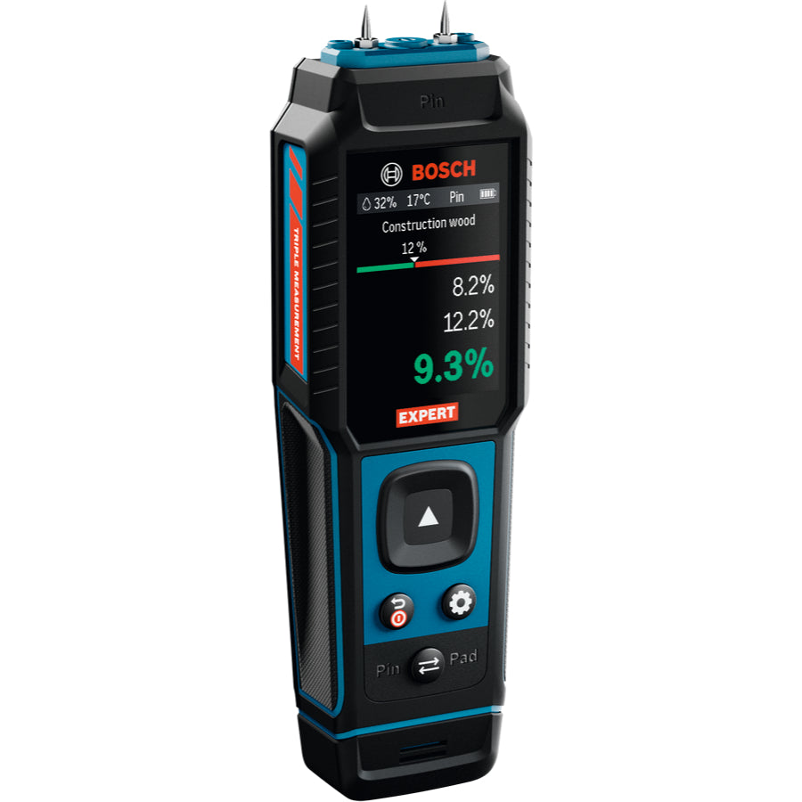 Bosch EXPERT Materialfeuchtigkeitsmesser EXMM3-17 (3 Sensoren: Pin, Pad, Thermo-Hygrometer, Automatischer Selbsttest, inkl. Batterien in Tasche)