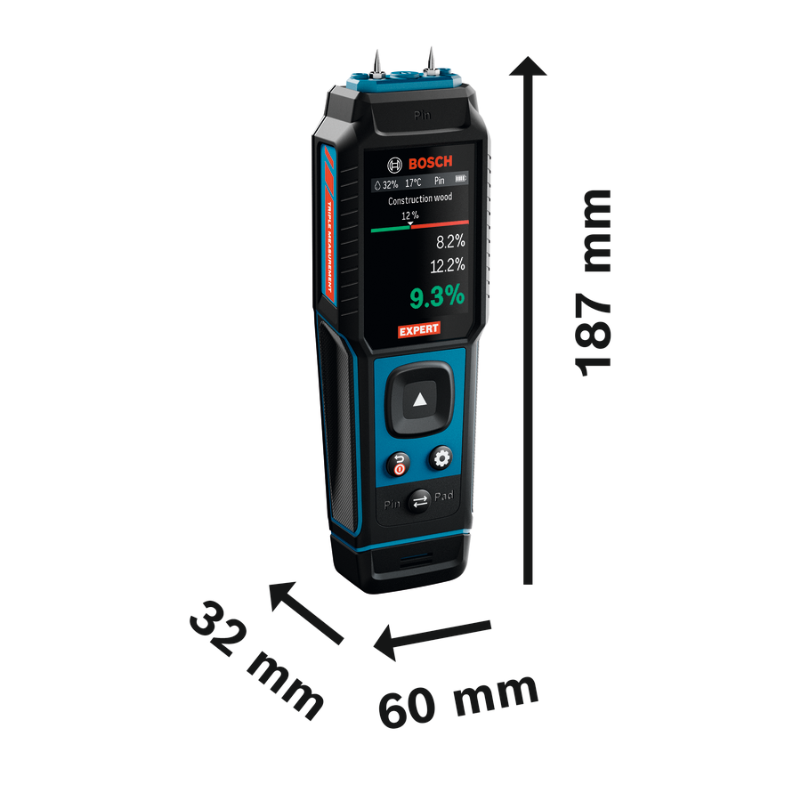 Bosch EXPERT Materialfeuchtigkeitsmesser EXMM3-17 (3 Sensoren: Pin, Pad, Thermo-Hygrometer, Automatischer Selbsttest, inkl. Batterien in Tasche)