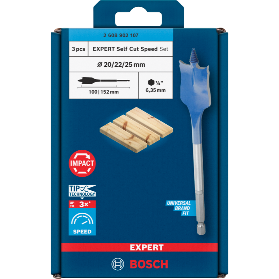 Bosch EXPERT Self Cut Speed Flachfräsbohrer-Set 3-tlg. (Ø 20/22/25 mm, für Spanplatte & Weichholz, Tip Technology)
