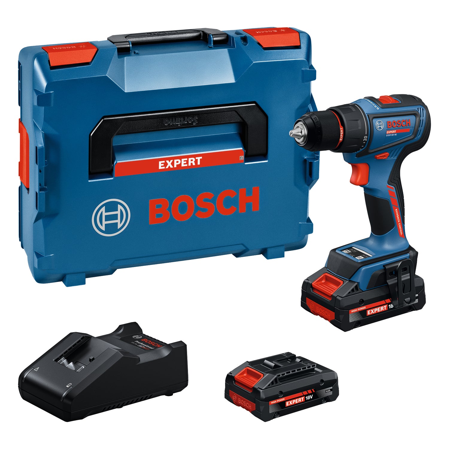 Bosch EXPERT Akku-Bohrschrauber EXSR18V-90 (Drehmoment: 36 / 65 Nm, 13 mm Bohrfutter, inkl. 2 x 4,0 Ah Akku in L-BOXX 136)