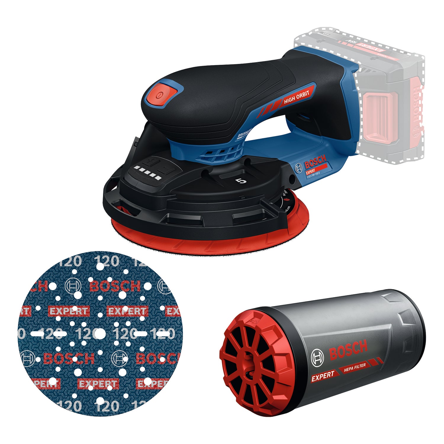 Bosch EXPERT Akku-Exzenterschleifer EXEX18V-150-5 (Schleifteller-Ø: 150 mm, Schwingkreis-Ø: 5,0 mm, Drehzahl: 5000-10000 U/min, ohne Akkus im Karton)