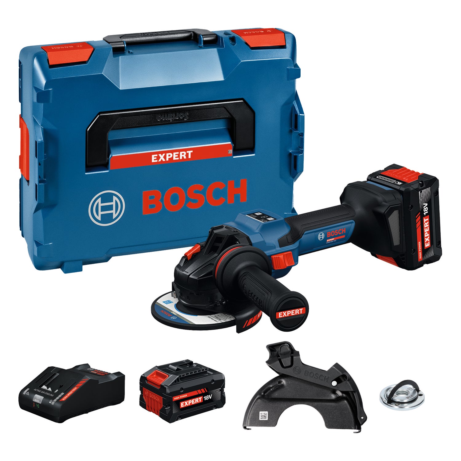 Bosch EXPERT Akku-Winkelschleifer EXWS18V-15S (Scheiben-Ø: 125 mm, Drehzahl: 11000 U/min, inkl. 2 x 8,0 Ah Akku in L-BOXX 162)