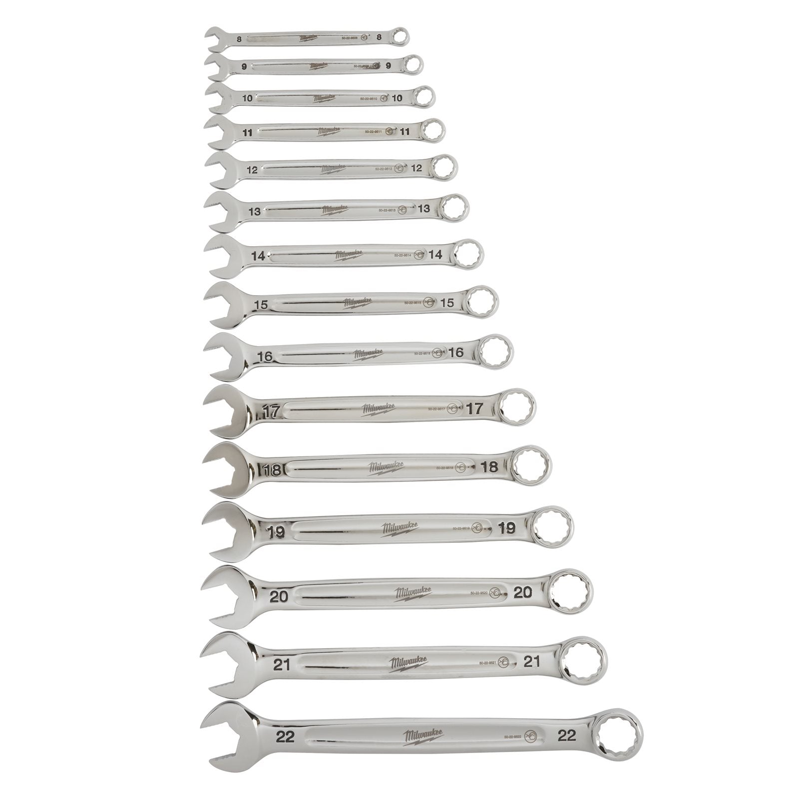 Milwaukee MAX BITE Ring-Maulschlüssel Set 15-tlg. (Spannweite: 8 - 22 mm, Maulöffnung für verringertes Abrutschen & Durchdrehen, 15° gekröpft)