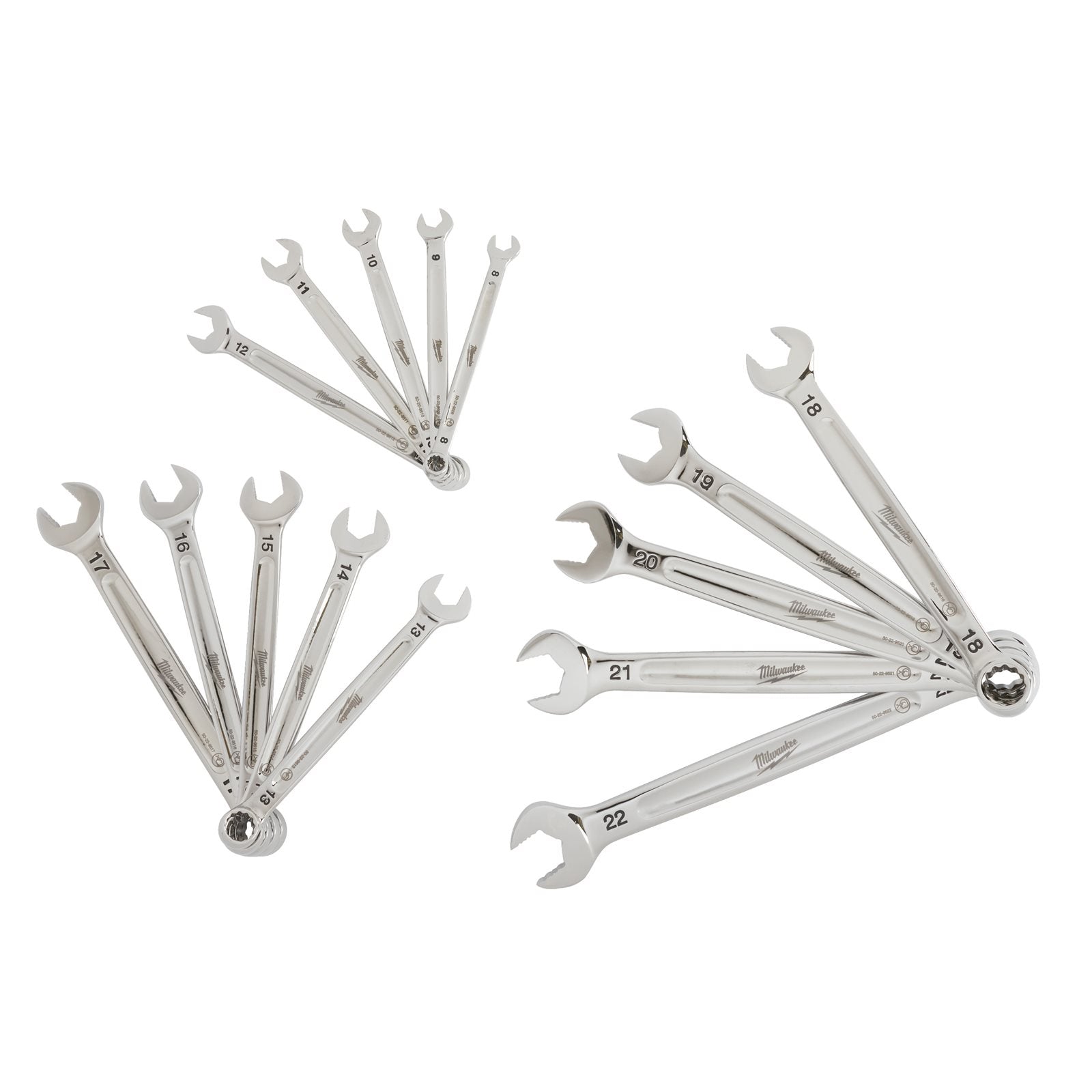Milwaukee MAX BITE Ring-Maulschlüssel Set 15-tlg. (Spannweite: 8 - 22 mm, Maulöffnung für verringertes Abrutschen & Durchdrehen, 15° gekröpft)