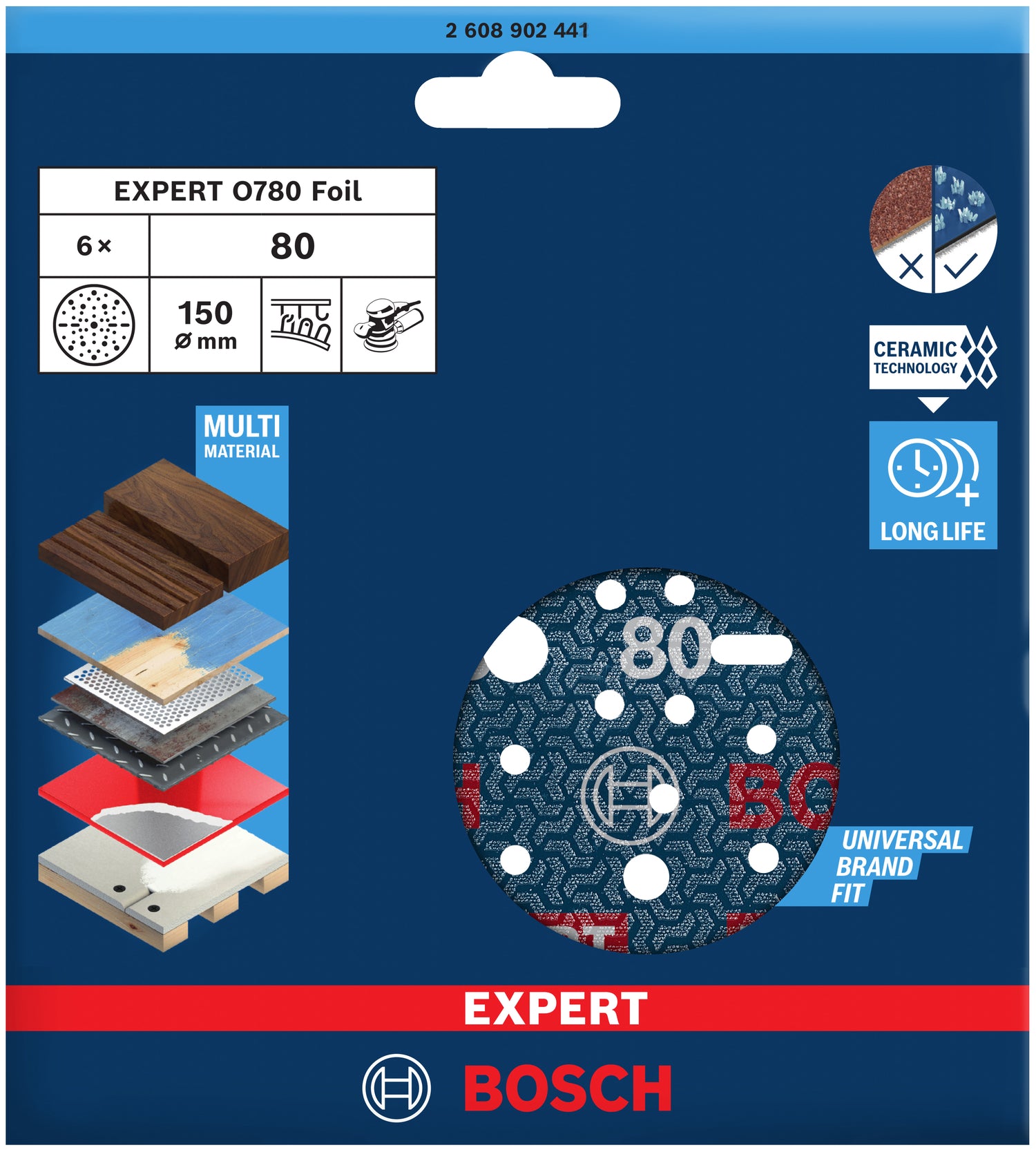 Bosch EXPERT O780 Folienschleifscheibe Ø 150 mm (6er-Pack, für das effiziente Schleifen verschiedenster Materialien)