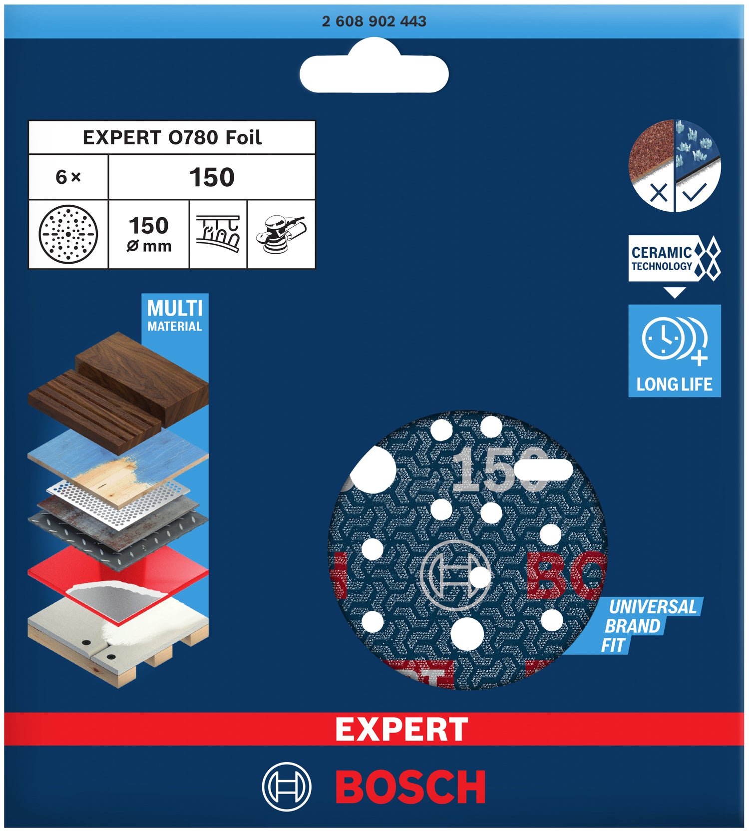 Bosch EXPERT O780 Folienschleifscheibe Ø 150 mm (6er-Pack, für das effiziente Schleifen verschiedenster Materialien)