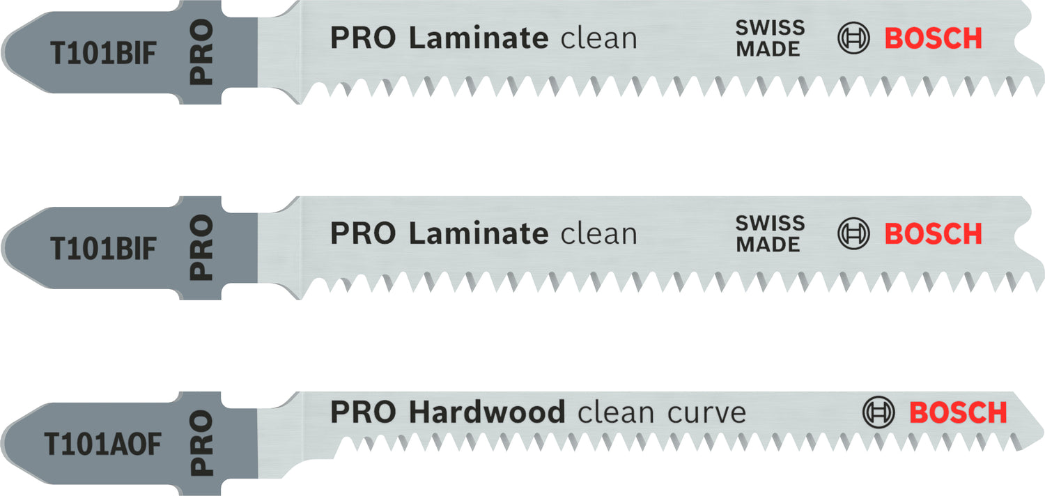 Bosch PRO Laminate Stichsägeblatt Set (2 x T101BIF + 1 x T101AOF, T-Schaft, für Laminat, Parkett, Holz)