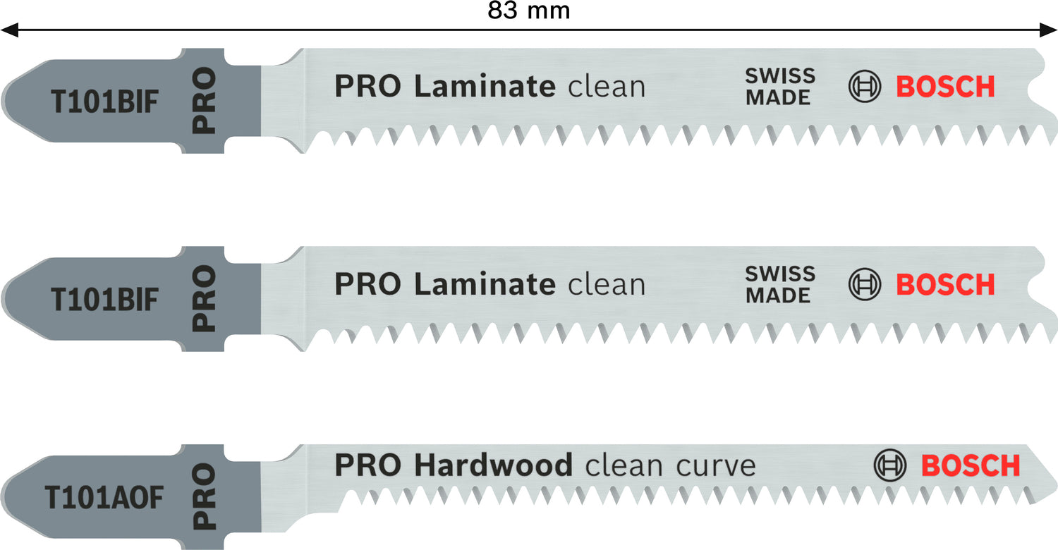 Bosch PRO Laminate Stichsägeblatt Set (2 x T101BIF + 1 x T101AOF, T-Schaft, für Laminat, Parkett, Holz)
