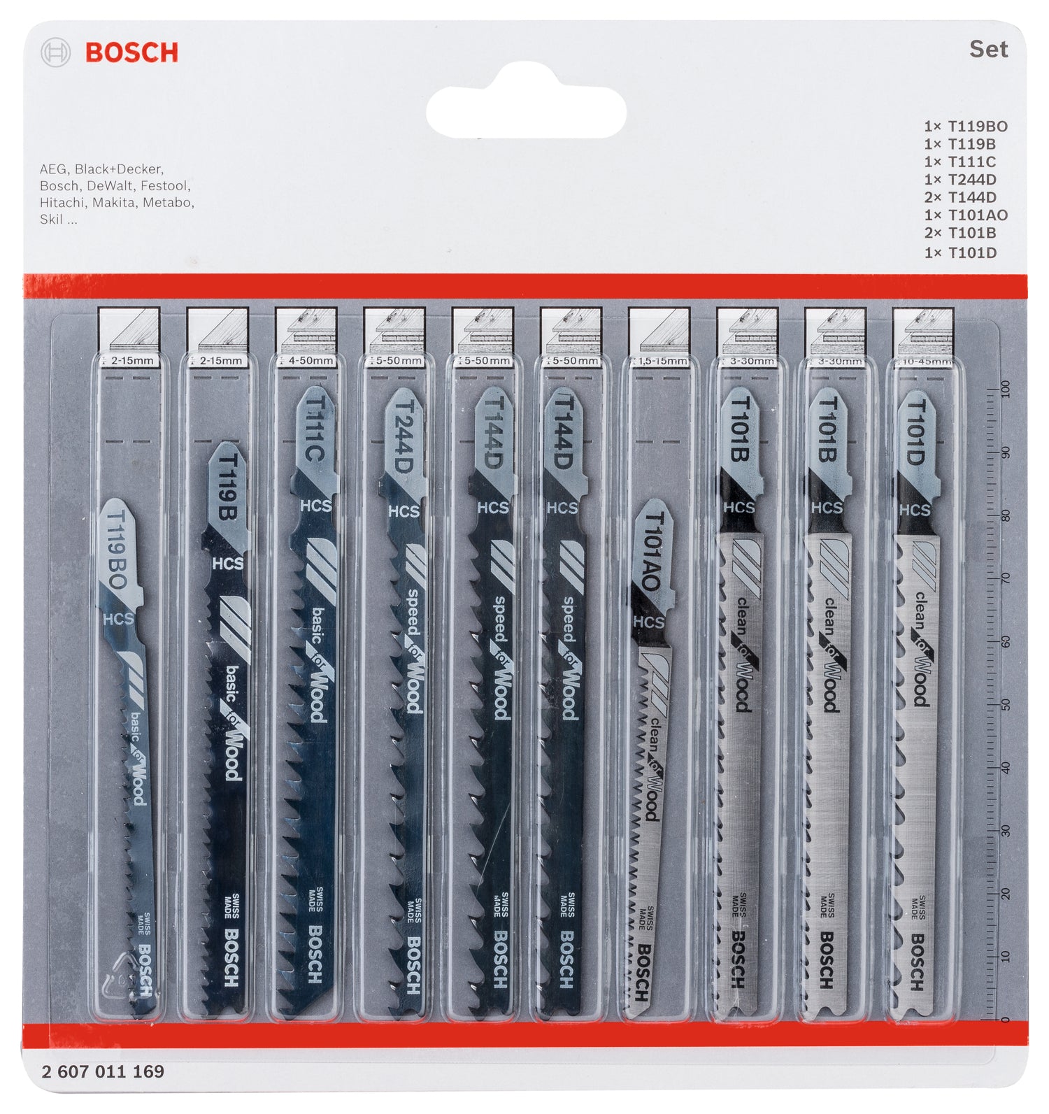 Bosch Stichsägeblatt-Set für Holz (10-tlg., Wood, für grobe, schnelle, feine Schnitte & Kurvenschnitte, T-Schaft)
