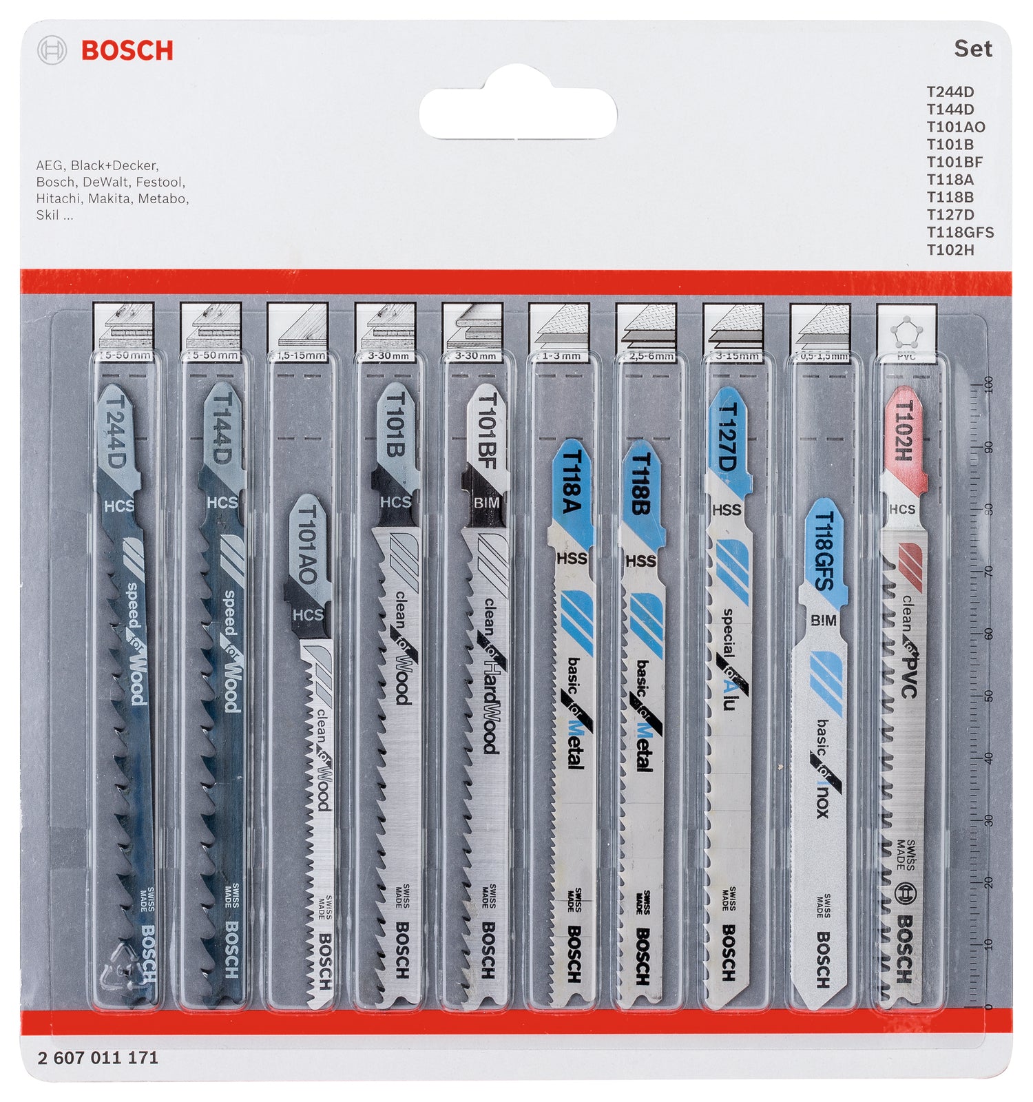 Bosch Stichsägeblatt-Set für Holz, Metall, PVC (10-tlg., All in One, für zuverlässige Schnitte in verschiedene Materialien, T-Schaft)