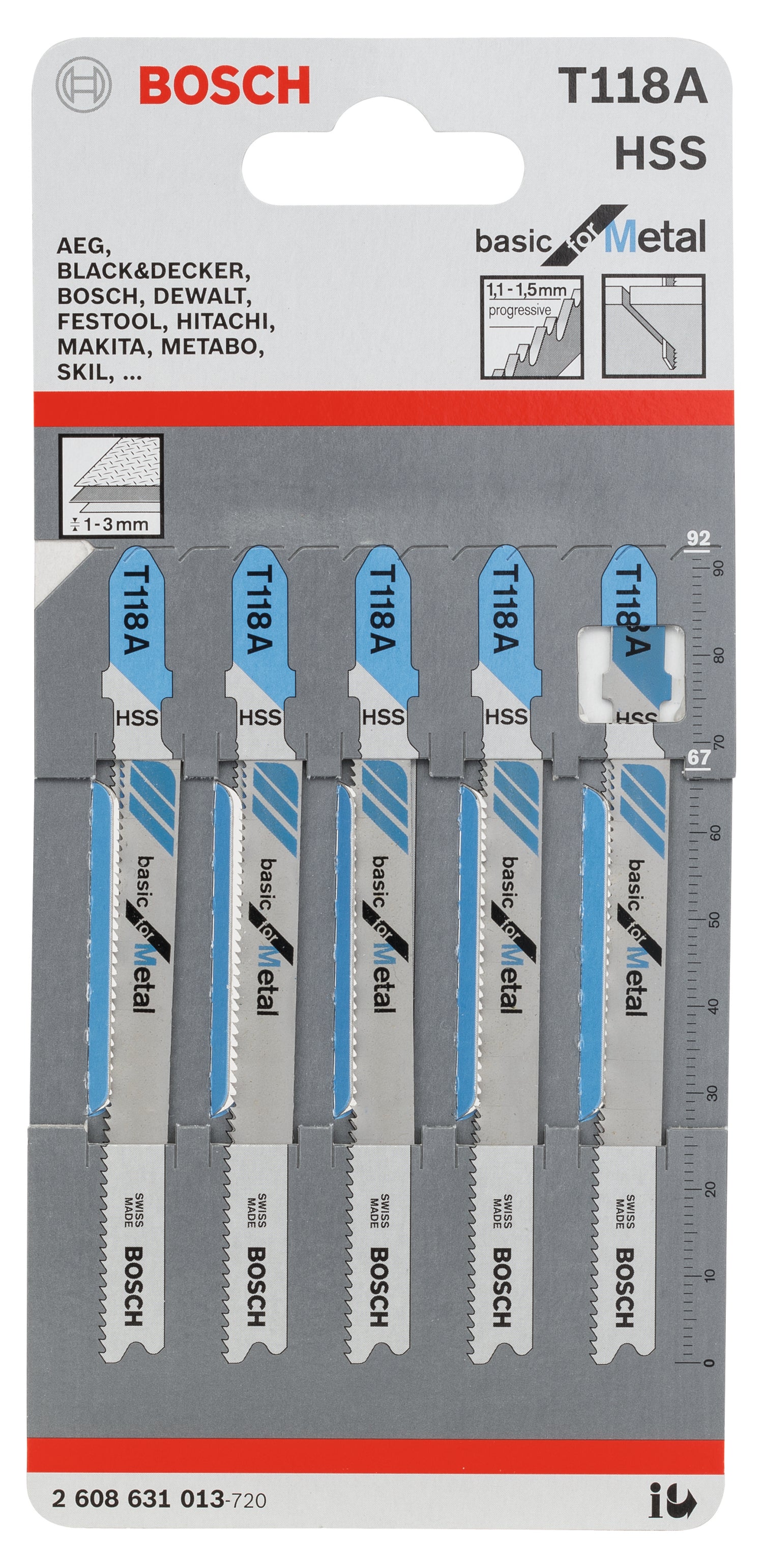 Bosch Stichsägeblatt T 118 A für Metall (5er-Pack, Basic for Metal, für saubere gerade Schnitte, T-Schaft)