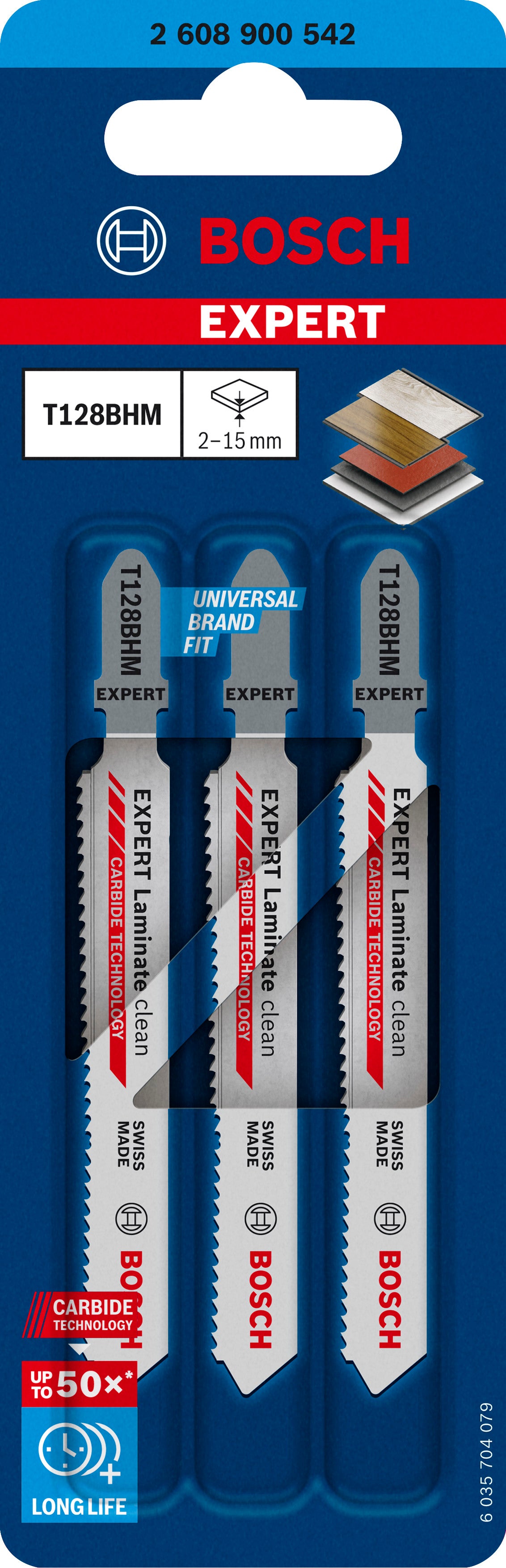 Bosch EXPERT Laminate Clean T128BHM Stichsägeblatt (3er-Pack, saubere Schnitte in Laminat, 92 mm, T-Schaft)