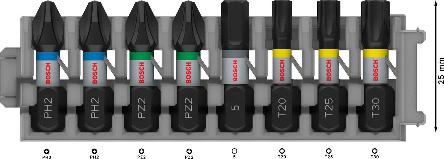 Bosch PRO Impact Bit Set (8-tlg.: 2x PH2, 2x PZ2, H5, T20, T25, T30 - Länge: 25 mm - ideal für Schlagschrauber)