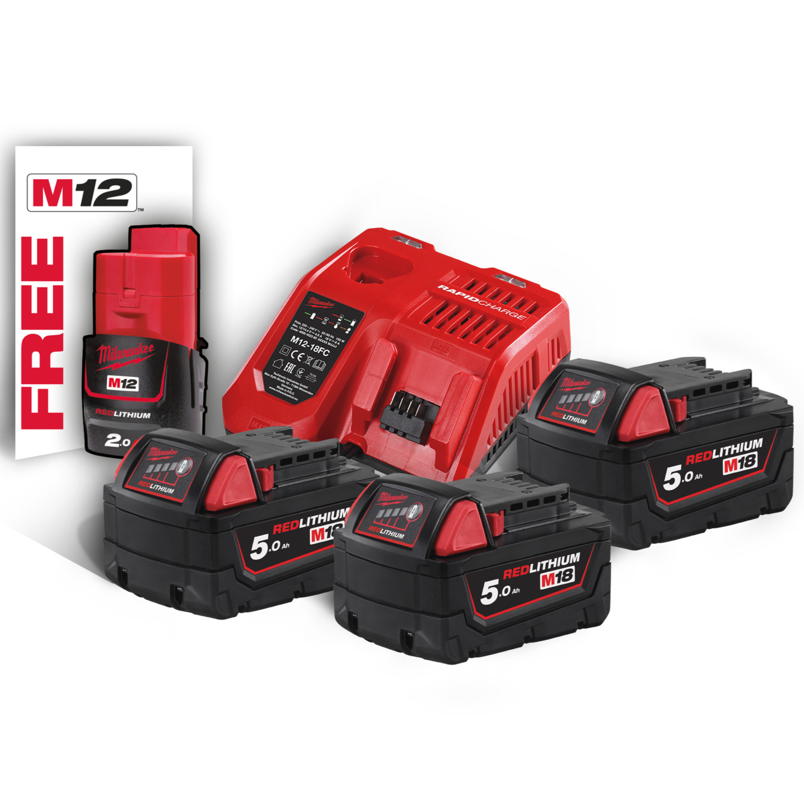 Milwaukee Akku-Starter-Set M18 NRG-503 (mit 3 x 18V / 5,0 Ah Akku M18 B5, 1 x 12V / 2,0 Ah Akku M12 B2, 1 x M12-18 FC Schnellladegerät)