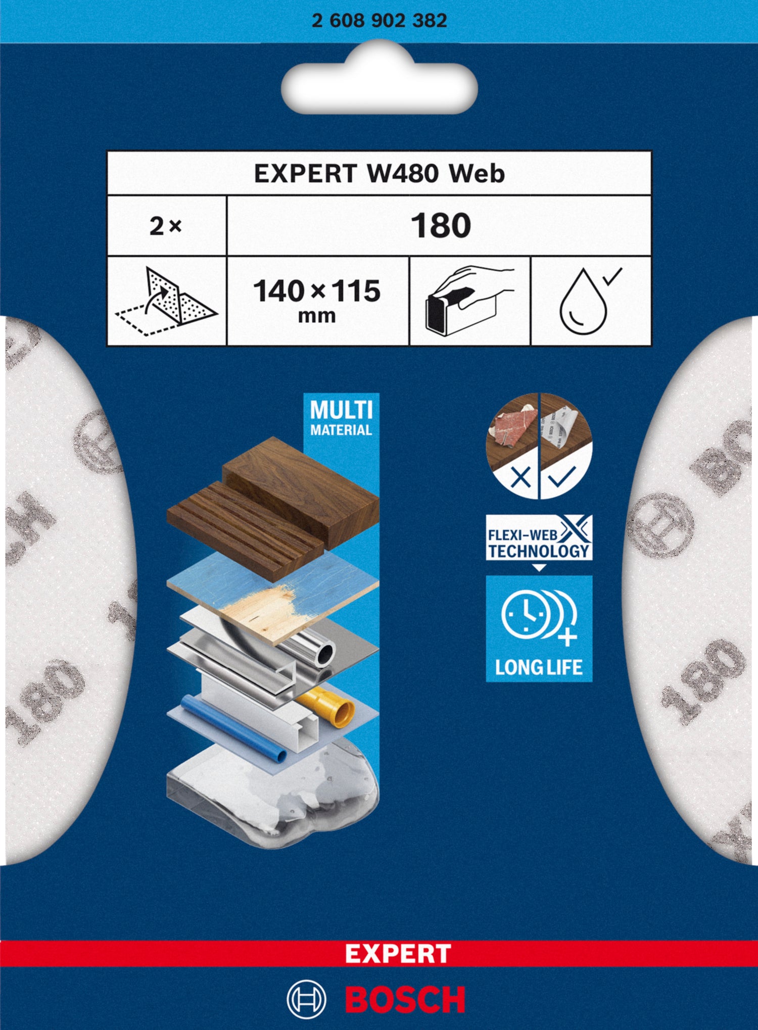 Bosch EXPERT W480 Web 1/4 Handschleifblatt (2er-Pack, 115 x 140 mm, Effizientes Schleifen verschiedenster Materialien, Flexi-Web-Technologie)