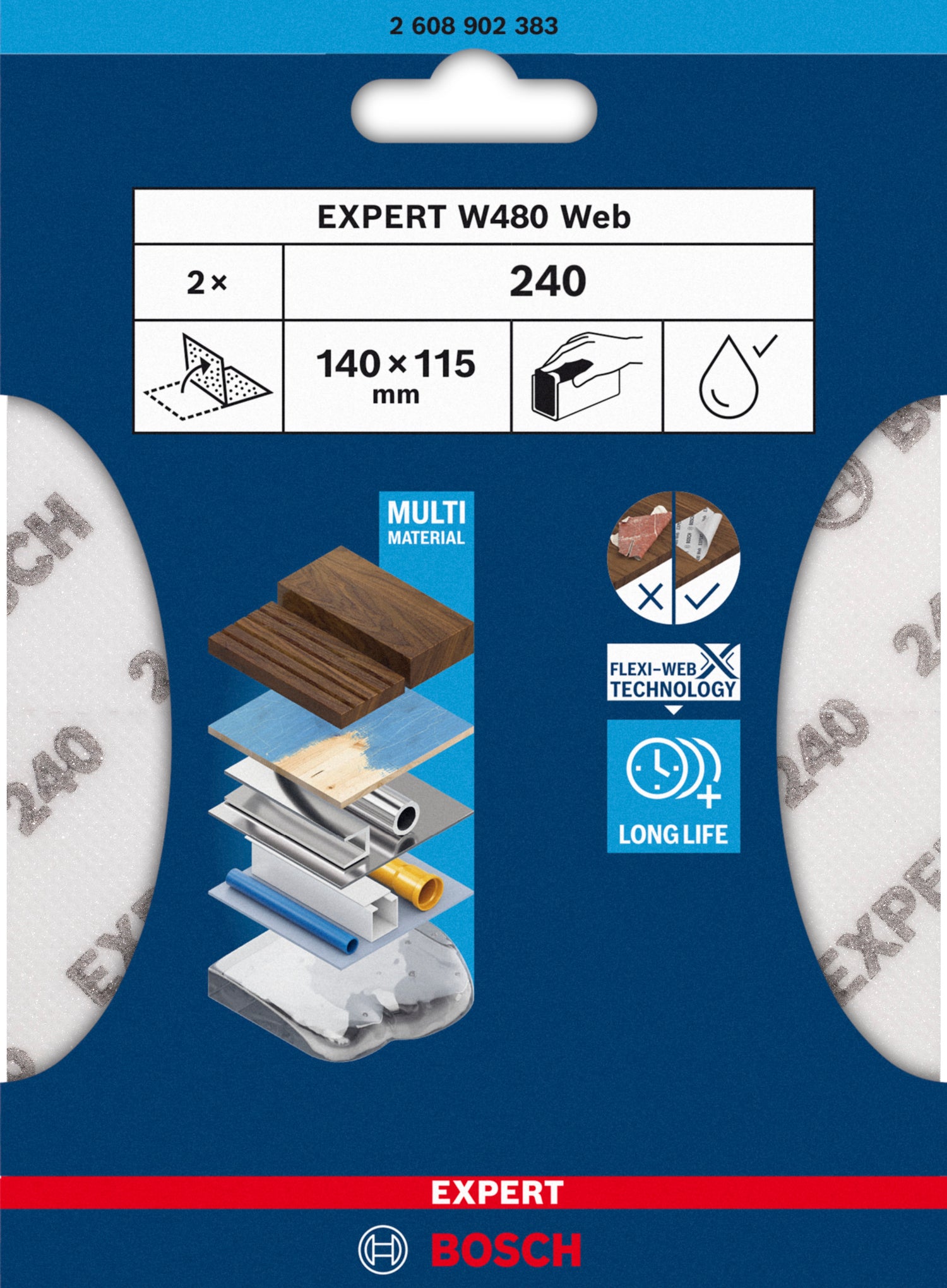 Bosch EXPERT W480 Web 1/4 Handschleifblatt (2er-Pack, 115 x 140 mm, Effizientes Schleifen verschiedenster Materialien, Flexi-Web-Technologie)