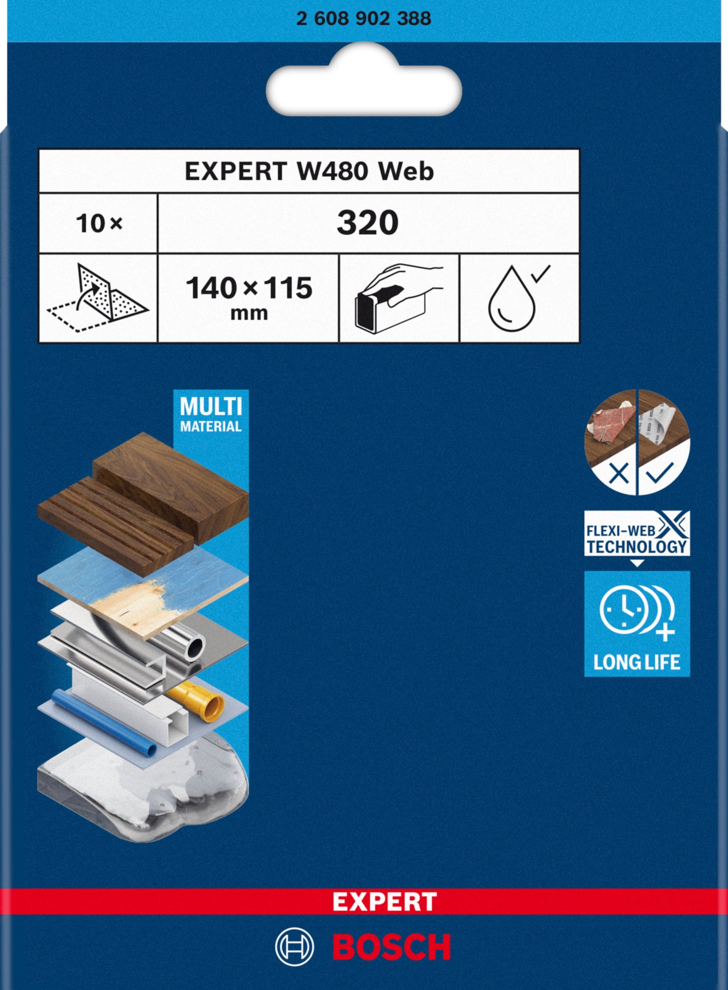 Bosch EXPERT W480 Web 1/4 Handschleifblatt (10er-Pack, 115 x 140 mm, Effizientes Schleifen verschiedenster Materialien, Flexi-Web-Technologie)