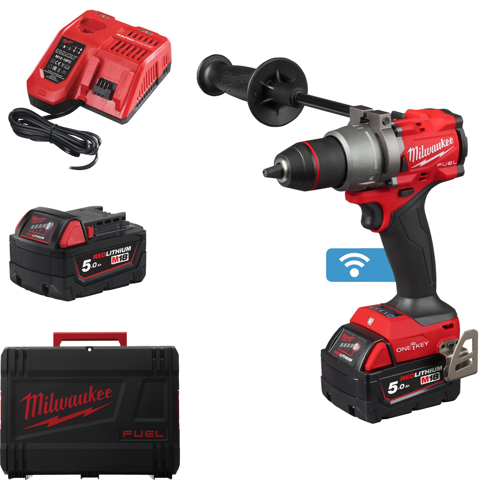 Milwaukee Akku-Bohrschrauber M18 ONEDD3-502X (Drehmoment: 158 Nm, Bohrfutter: 13 mm, ONE-KEY, mit 2 x 5,0 Ah Akku in HD-Box)