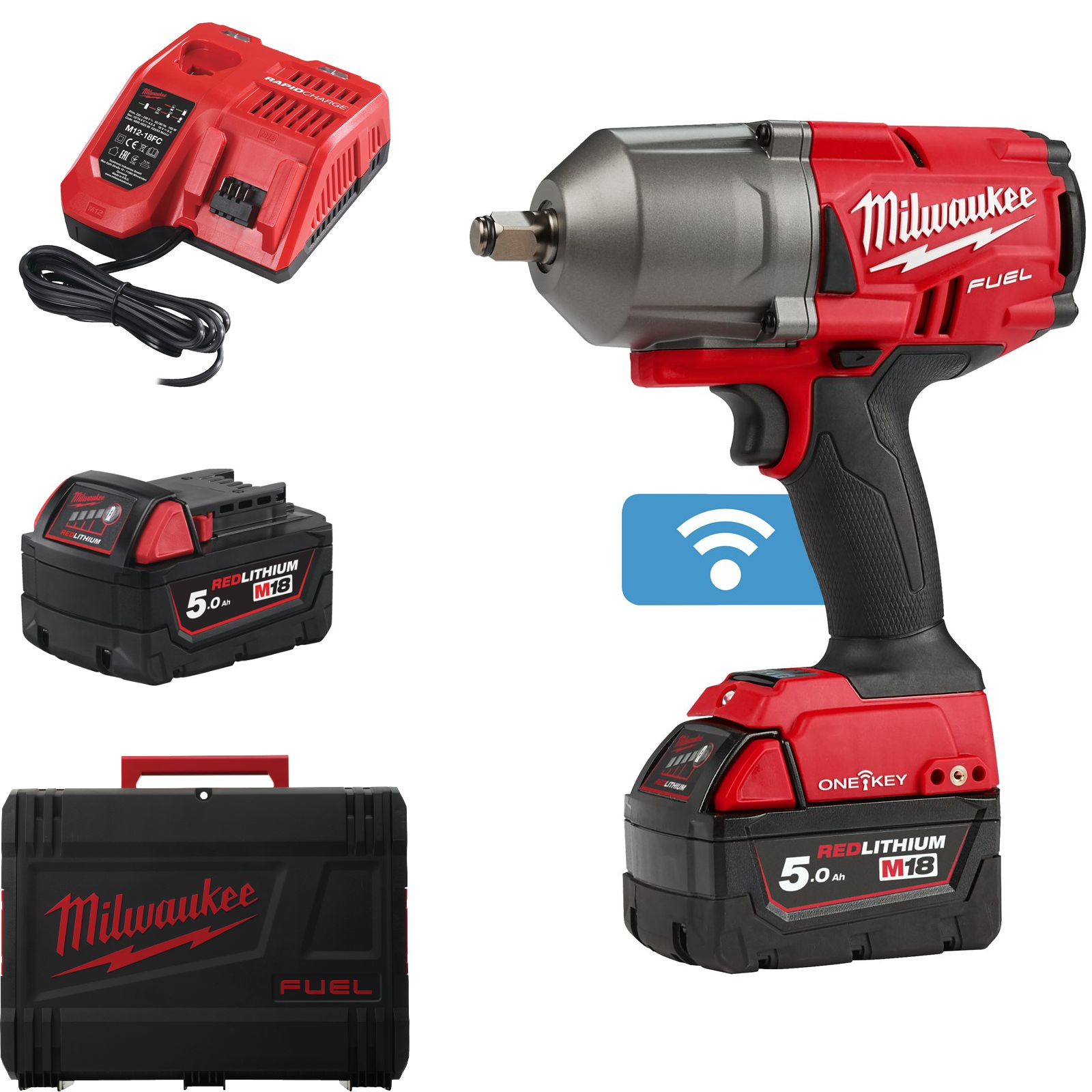 Milwaukee Akku-Schlagschrauber M18 ONEFHIWF12-502X (Drehmoment: 1356 Nm, Lösemoment: 1898 Nm, 1/2"-Vierkant, ONE-KEY, mit 2 x 5,0 Ah Akku in HD Box)