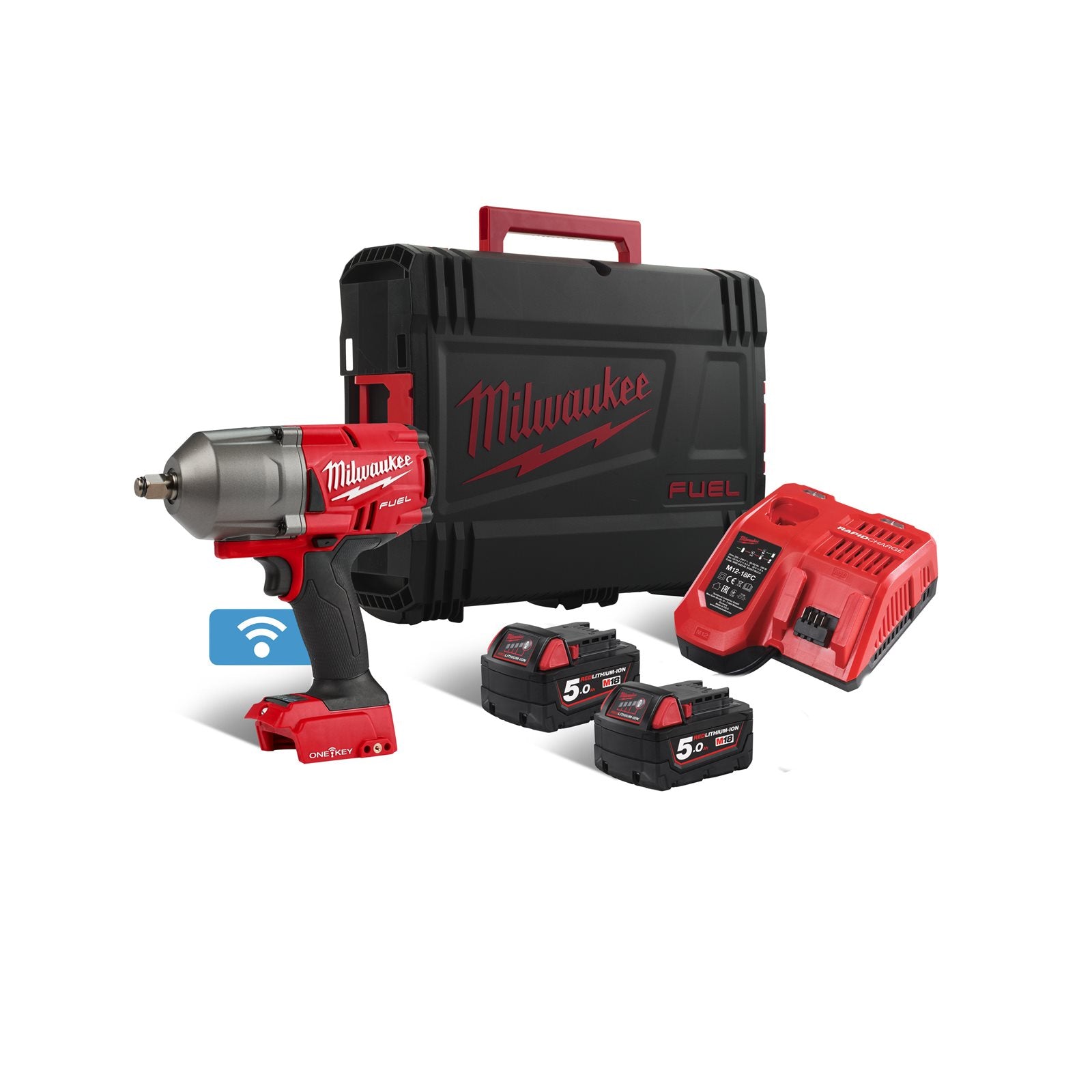 Milwaukee Akku-Schlagschrauber M18 ONEFHIWF12-502X (Drehmoment: 1356 Nm, Lösemoment: 1898 Nm, 1/2"-Vierkant, ONE-KEY, mit 2 x 5,0 Ah Akku in HD Box)