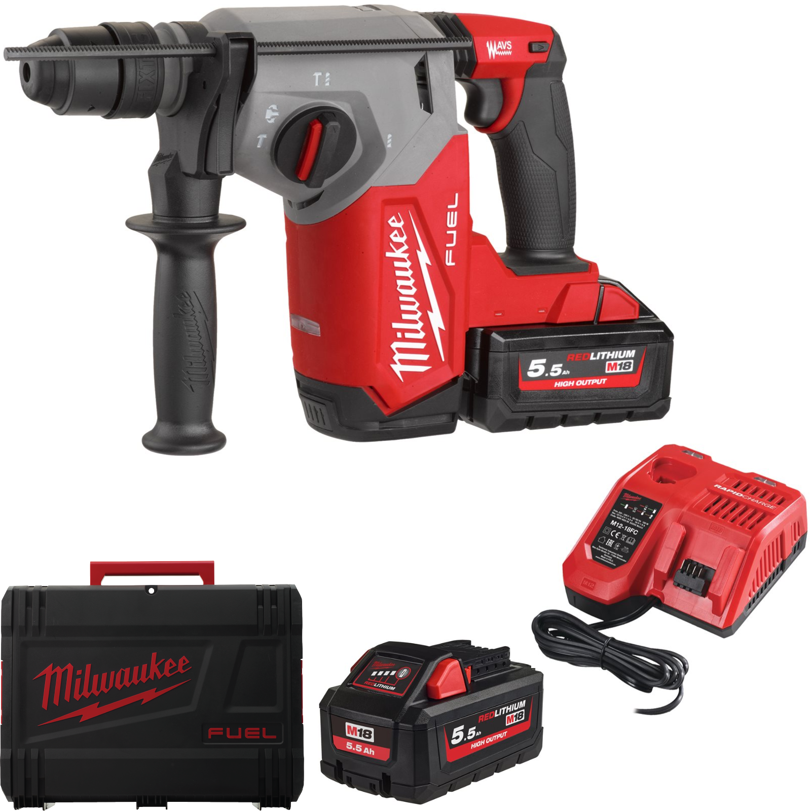 Milwaukee Akku-Kombihammer M18 FHX-552X (SDS plus, Schlagenergie: 2,5 J, Optimiertes Hammerbohren: 6 - 20 mm, mit 2 x 5,5 Ah Akku in HD Box)