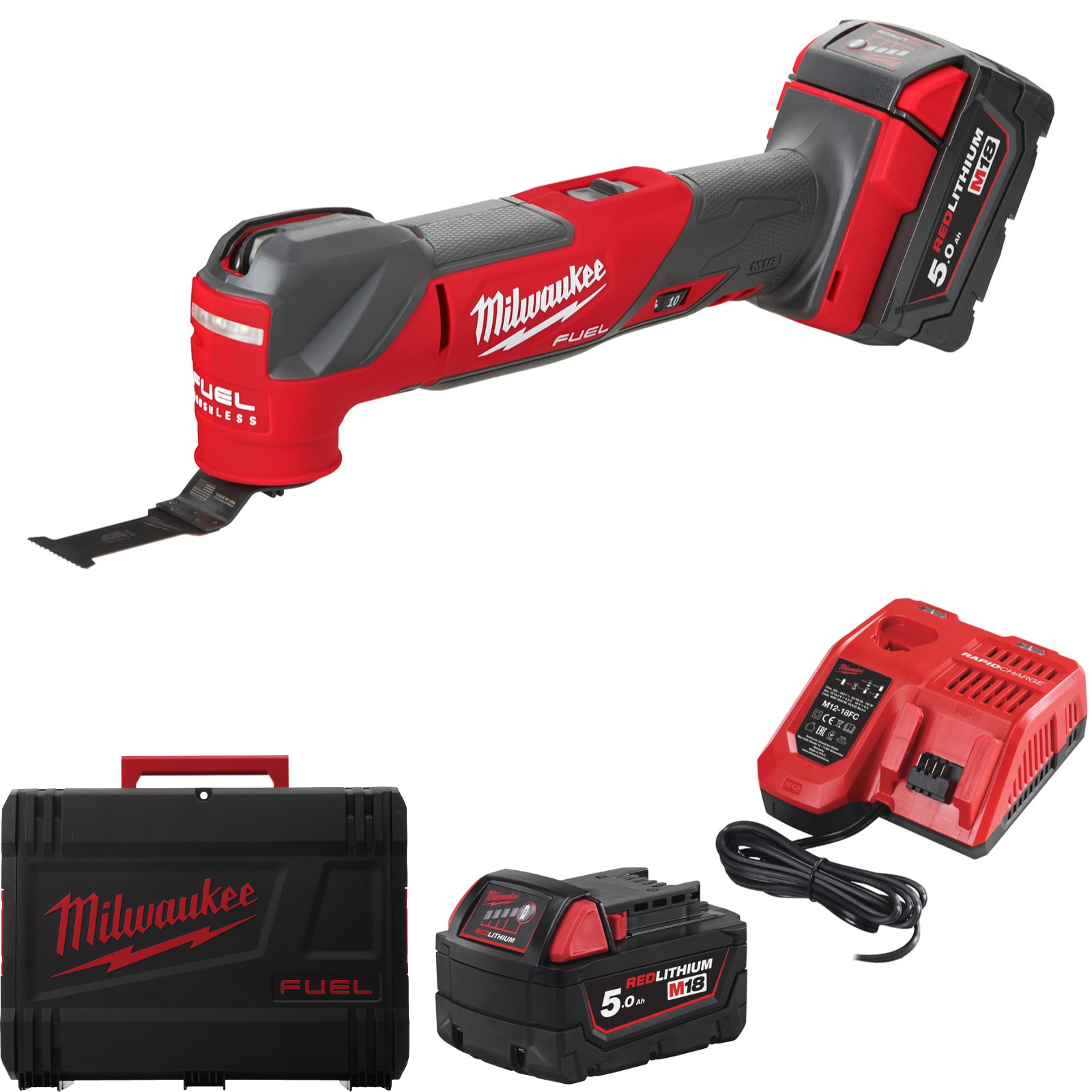 Milwaukee Akku-Multitool M18 FMT-502X (Oszillationswinkel: 2,1°, FIXTEC Schnellwechselsystem inkl. Universal-Adapter, mit 2 x 5,0 Ah Akku in HD Box)