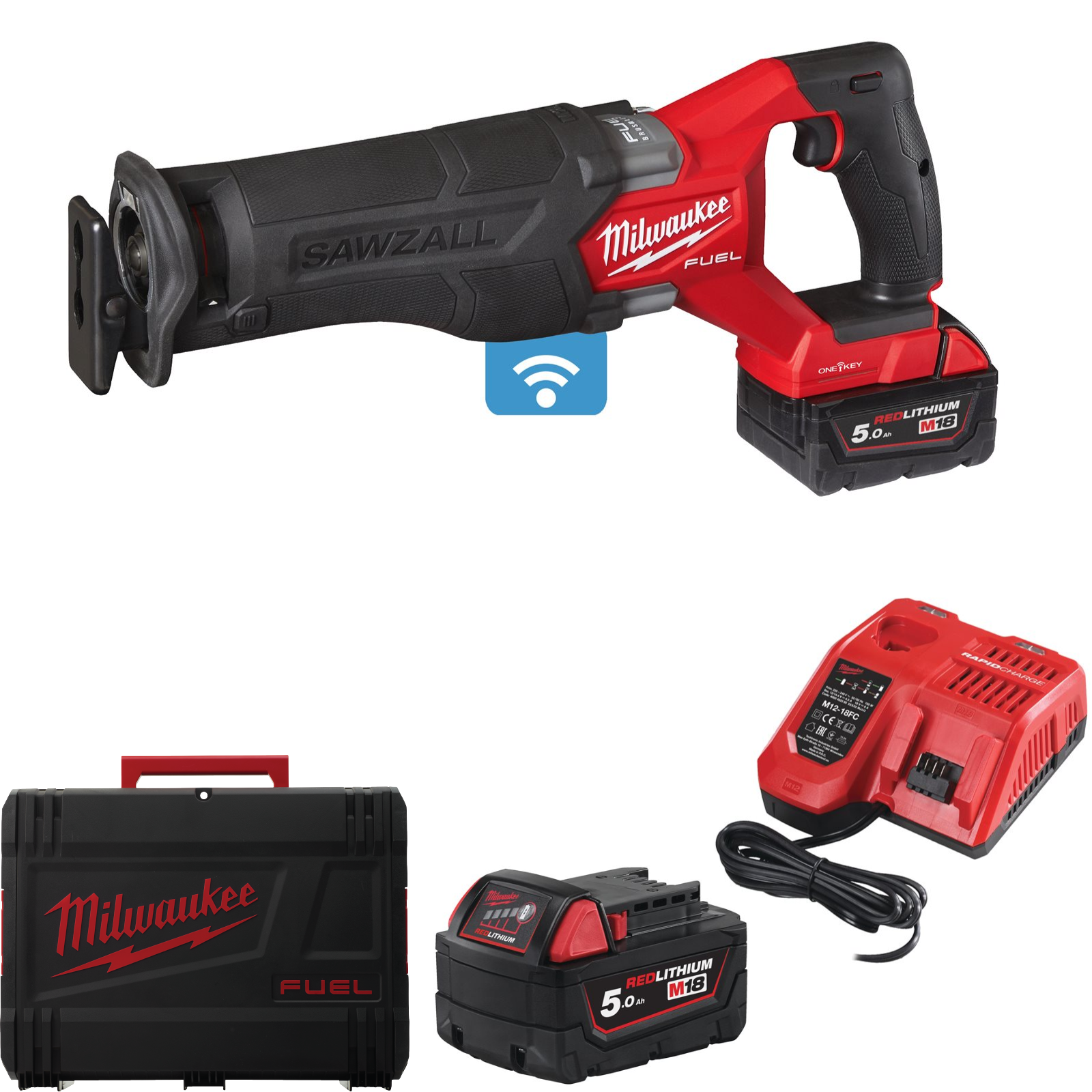 Milwaukee Akku-Säbelsäge M18 ONEFSZ-502X (bis 300 mm in Holz, ONE-KEY, mit 2 x 5,0 Ah Akku in HD Box)