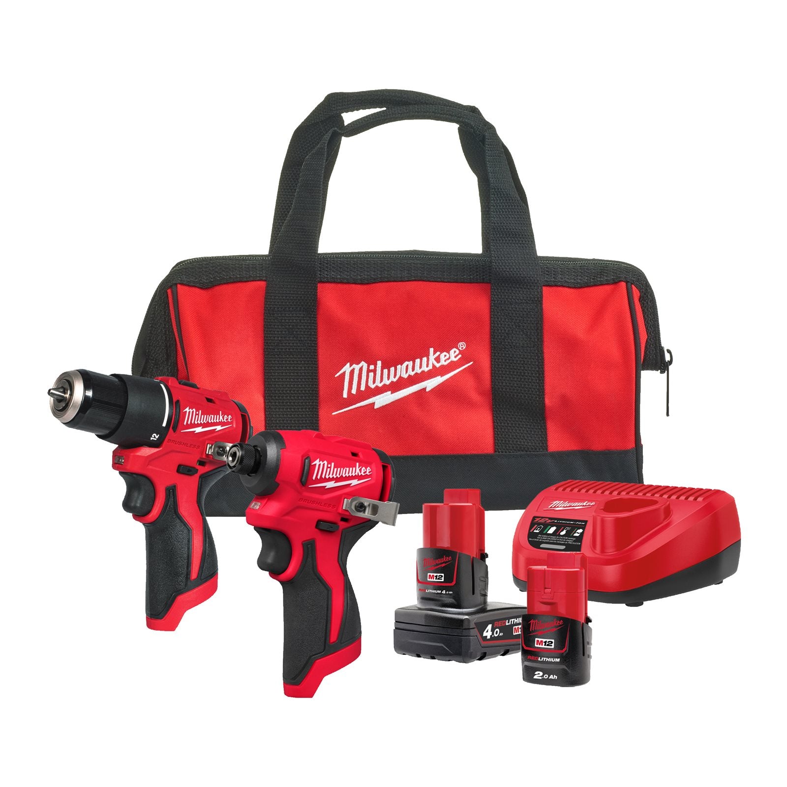 Milwaukee Akku-Werkzeug-Set M12 BLPP2B-422B (M12 BLPDRC, M12 BLIDRC, 1 x M12 B4 Akku (12V / 4,0 Ah), 1 x M12 B2 Akku (12V / 2,0 Ah), 1 x C12 C Ladegerät, in Tasche)